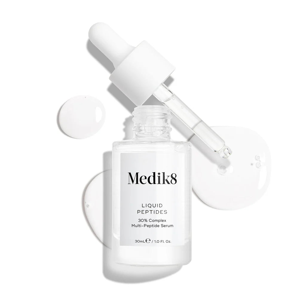 Medik8 Liquid Peptides, 30ml frosted glass bottle with a white dropper cap; 30% Complex Multi-Peptide Serum.