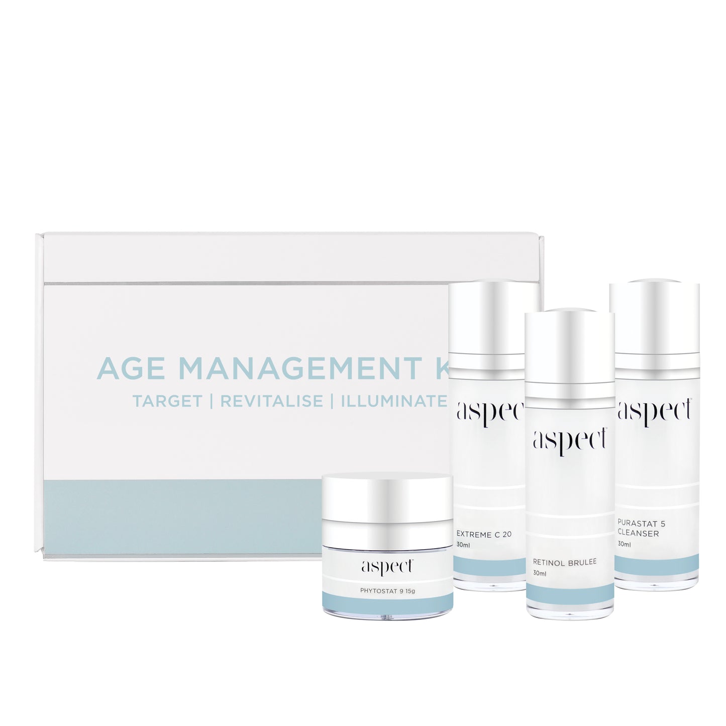 Aspect Age Management Kit, housed in a white branded box with light blue accent color, contains Purastat 5 Cleanser (30ml), Extreme C 20 (30ml), Retinol Brulee 30 (ml), and Phytostat 9 (50g).