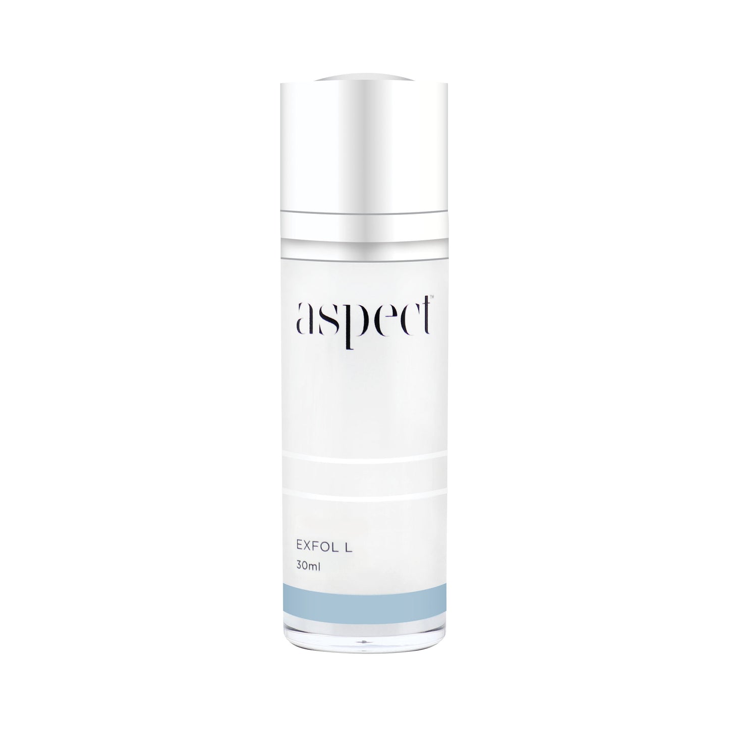 Aspect Exfol L, 30ml frosted glass pump bottle with light blue band accent, with a silver cap.