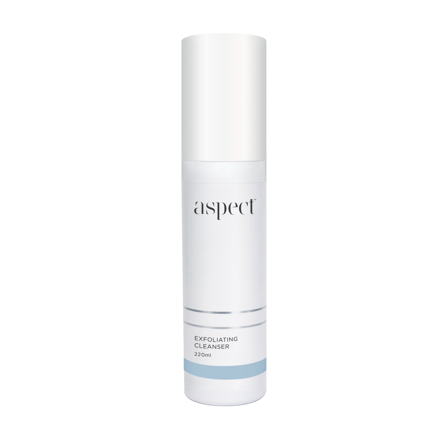 Aspect Exfoliating Cleanser, 220ml white plastic pump bottle with a white cap.