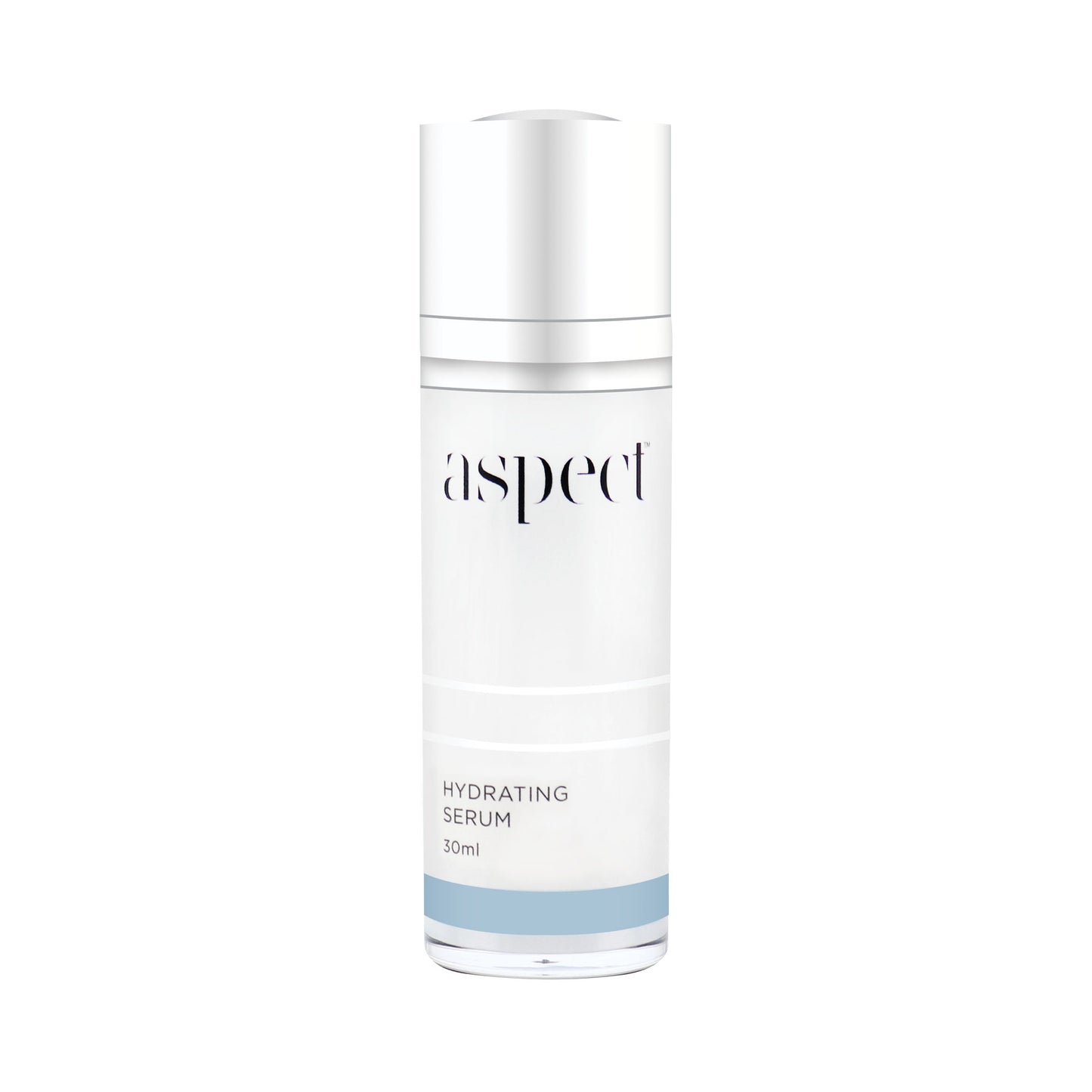 Aspect Hydrating Serum, 30ml frosted glass pump bottle with light blue branding, lightweight hydration serum.