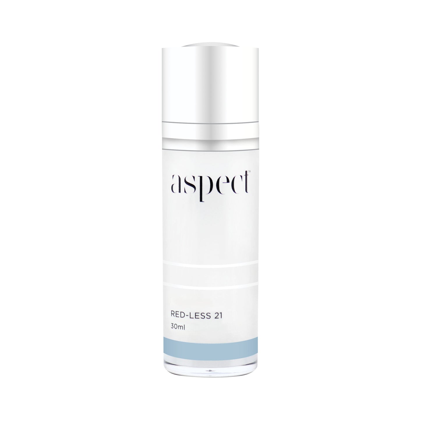 Aspect Red-Less 21 30ml: White pump bottle with light blue accent; protecting skin from sensitising environmental effects