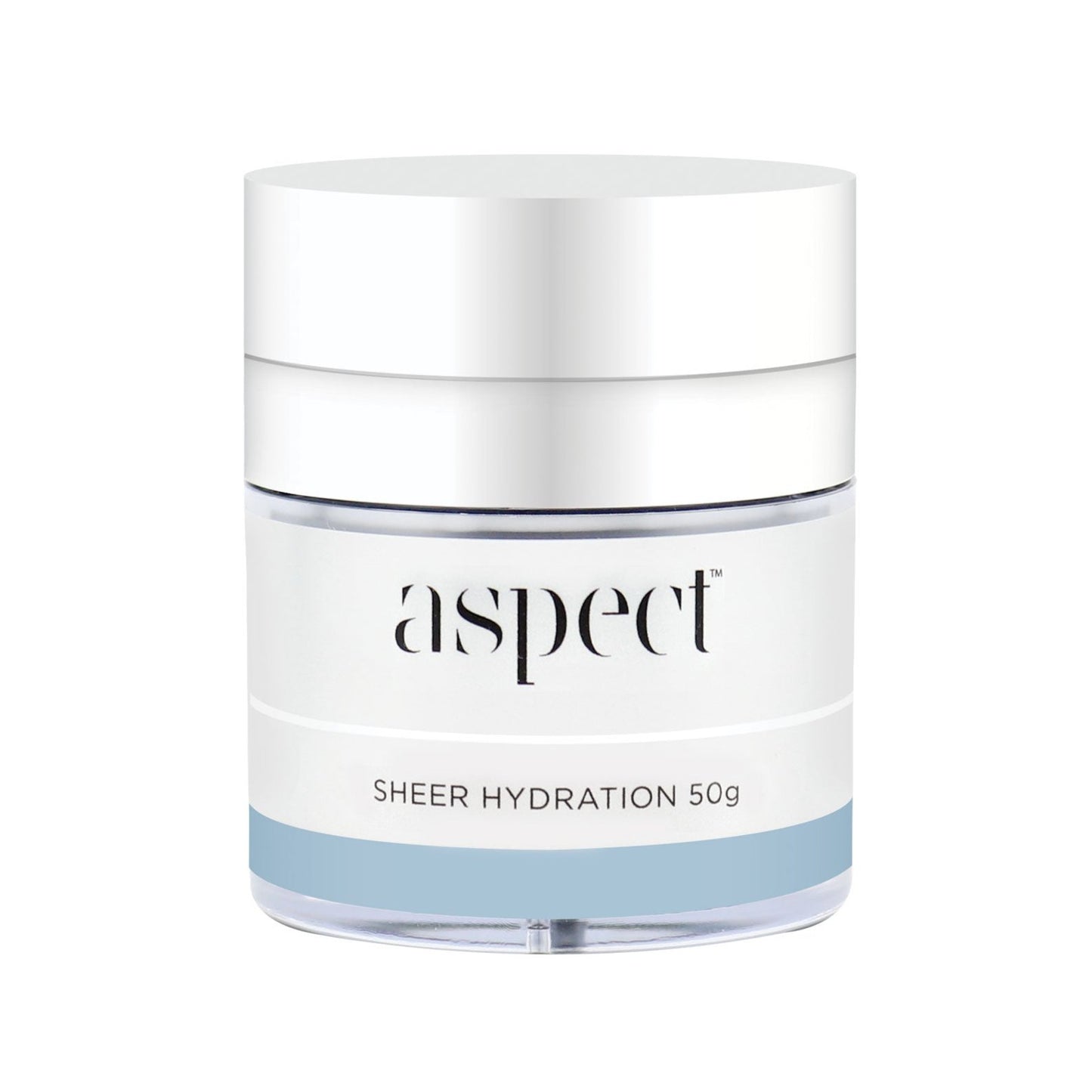 Aspect Sheer Hydration 50g: White jar with silver lid, lightweight moisturiser