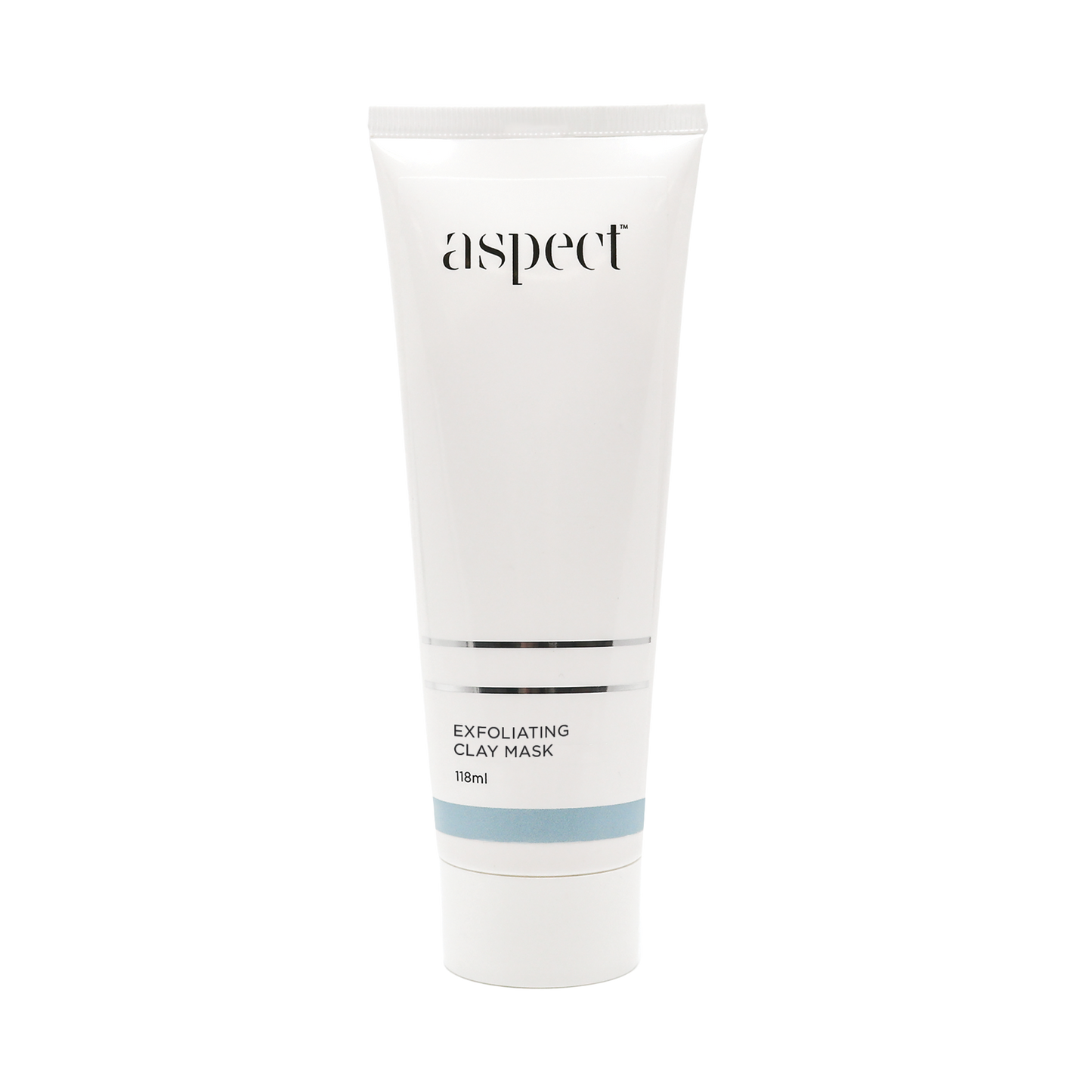 Aspect Exfoliating Clay Mask, 118ml white plastic tube and flip-top cap, purifying mask for smoother skin.