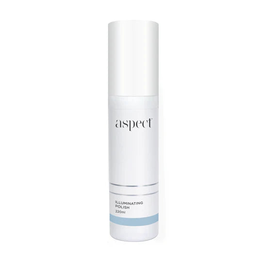 Aspect Illuminating Polish, 220ml white pump bottle with light blue accent.
