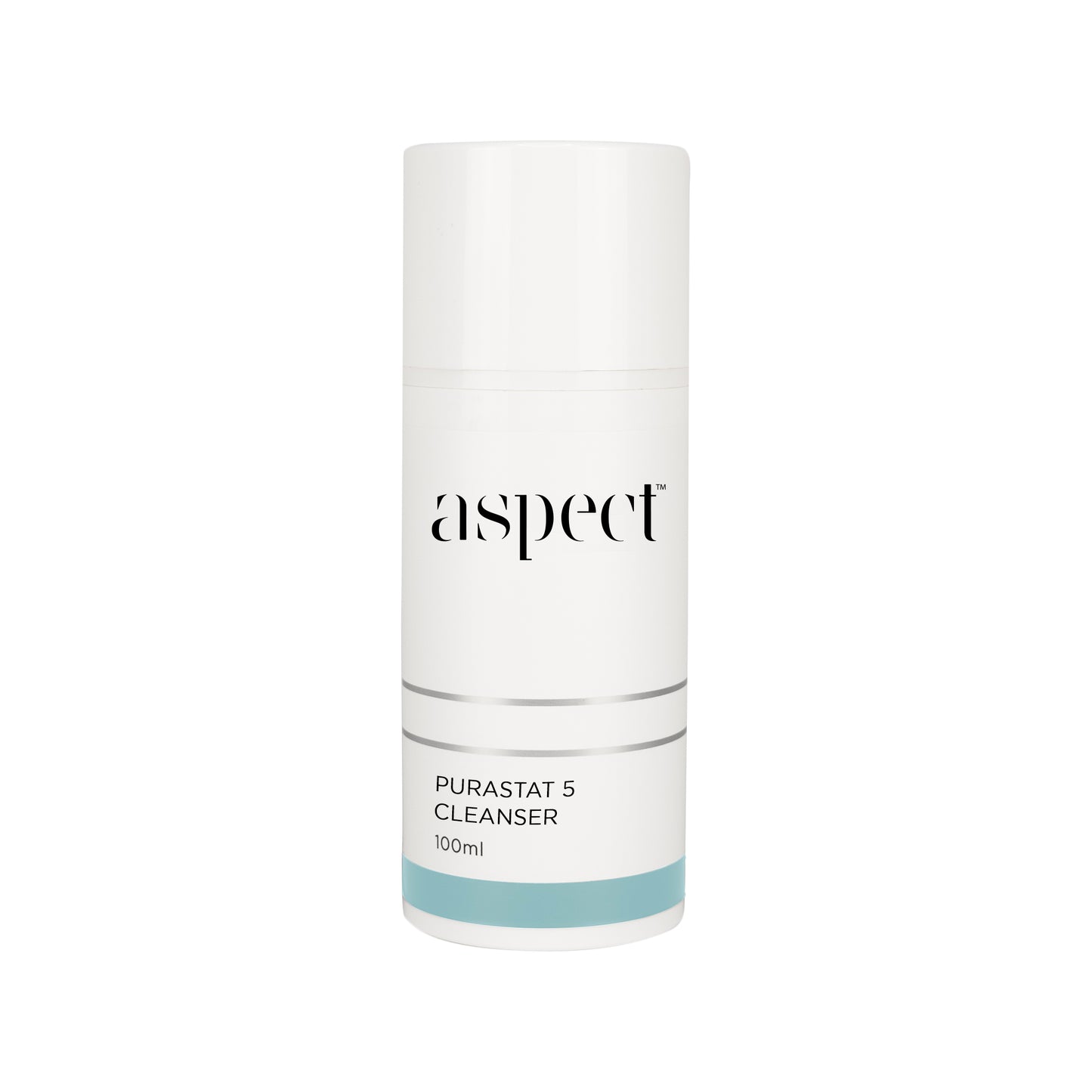 Aspect Purastat 5 Cleanser 100ml: White pump bottle with light blue accent, gentle foaming cleanser.