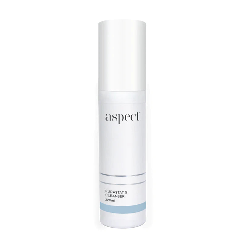 Aspect Purastat 5 Cleanser 220ml: White airless pump bottle with light blue accent, gentle foaming cleanser.