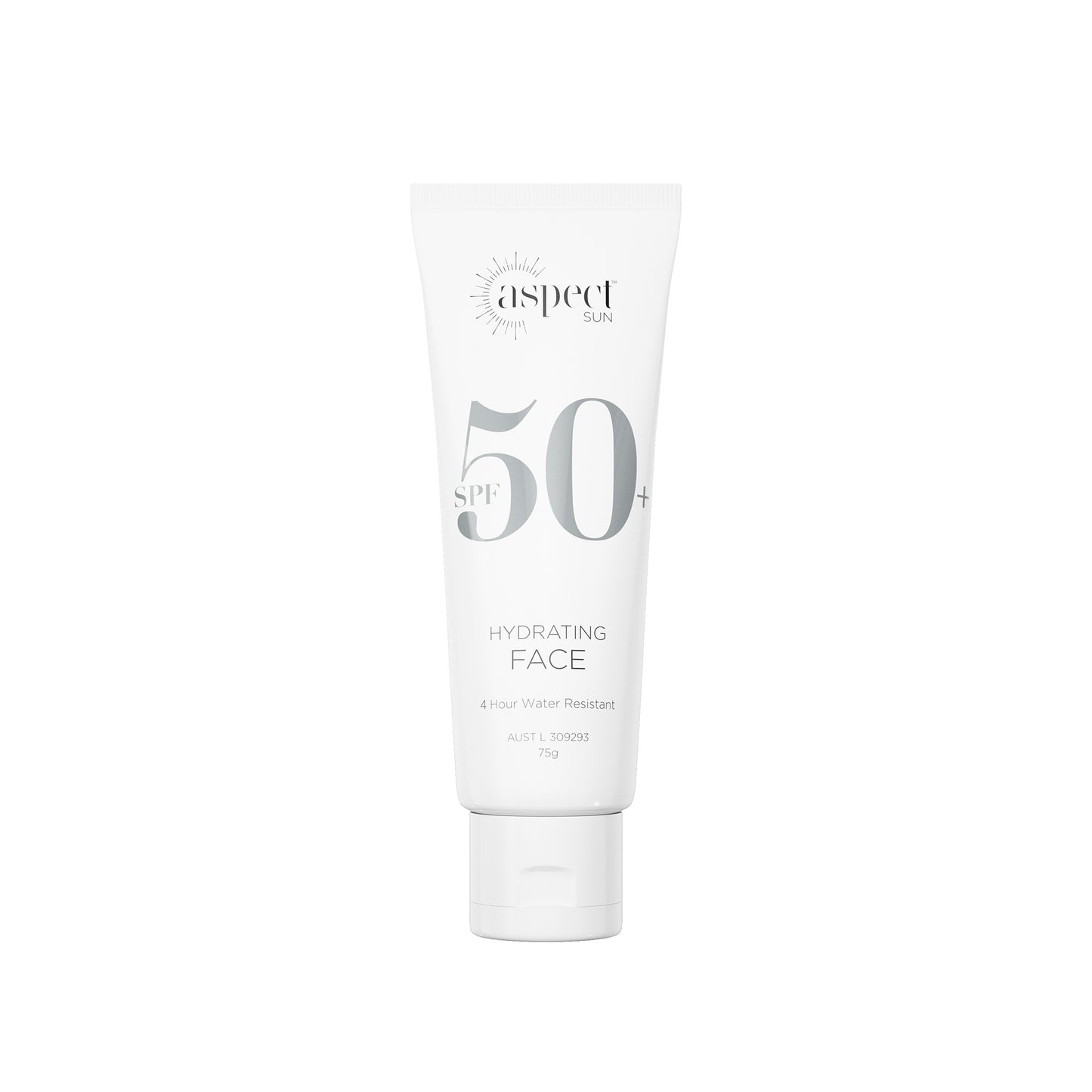 Aspect Sun Hydrating Face SPF50+, 75g sleek white tube with silver accents, facial sunscreen.