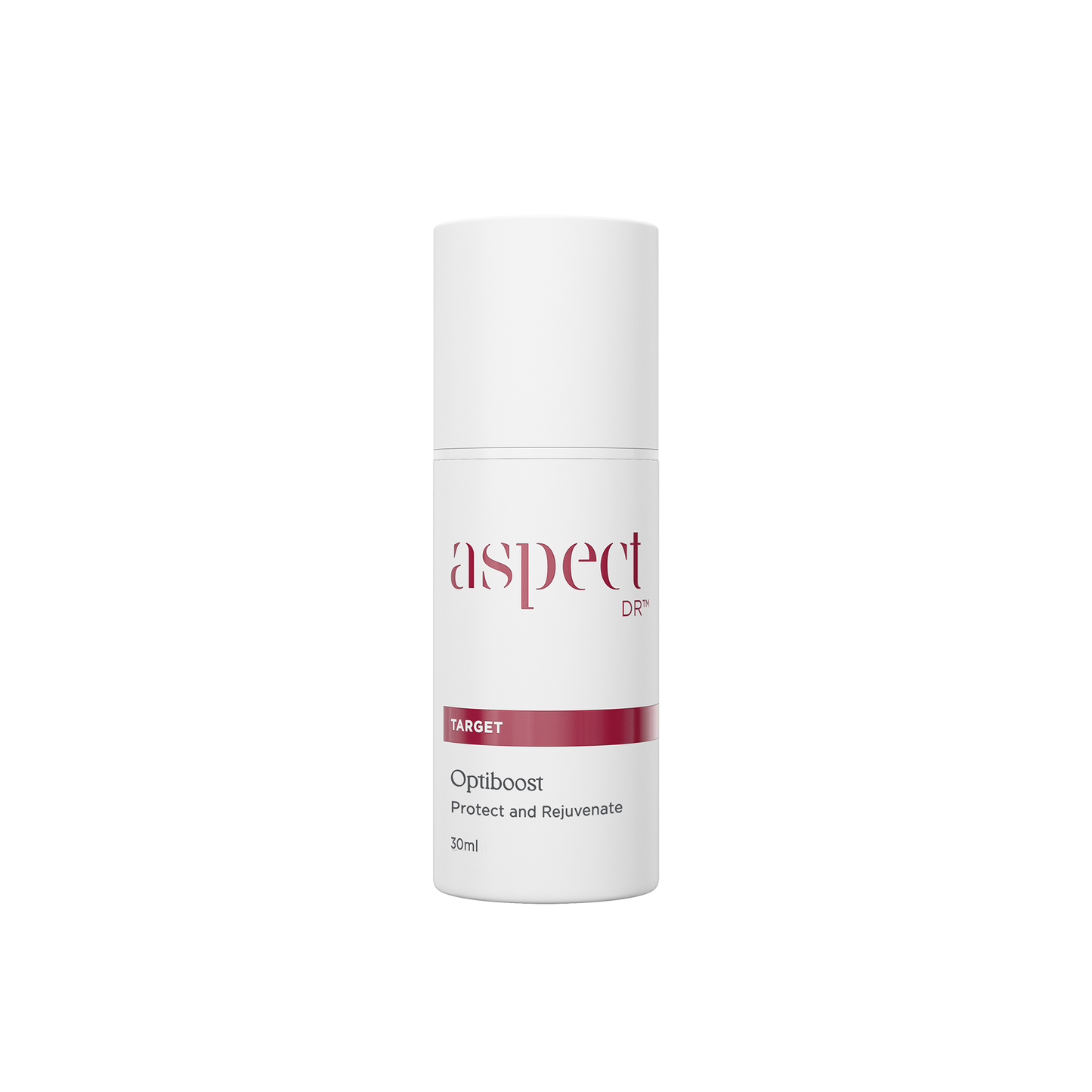 New Aspect Dr Optiboost in 30ml white airless pump bottle, and white cap, with burgundy accent and branding. Antioxidant serum to protect and rejuvenate.