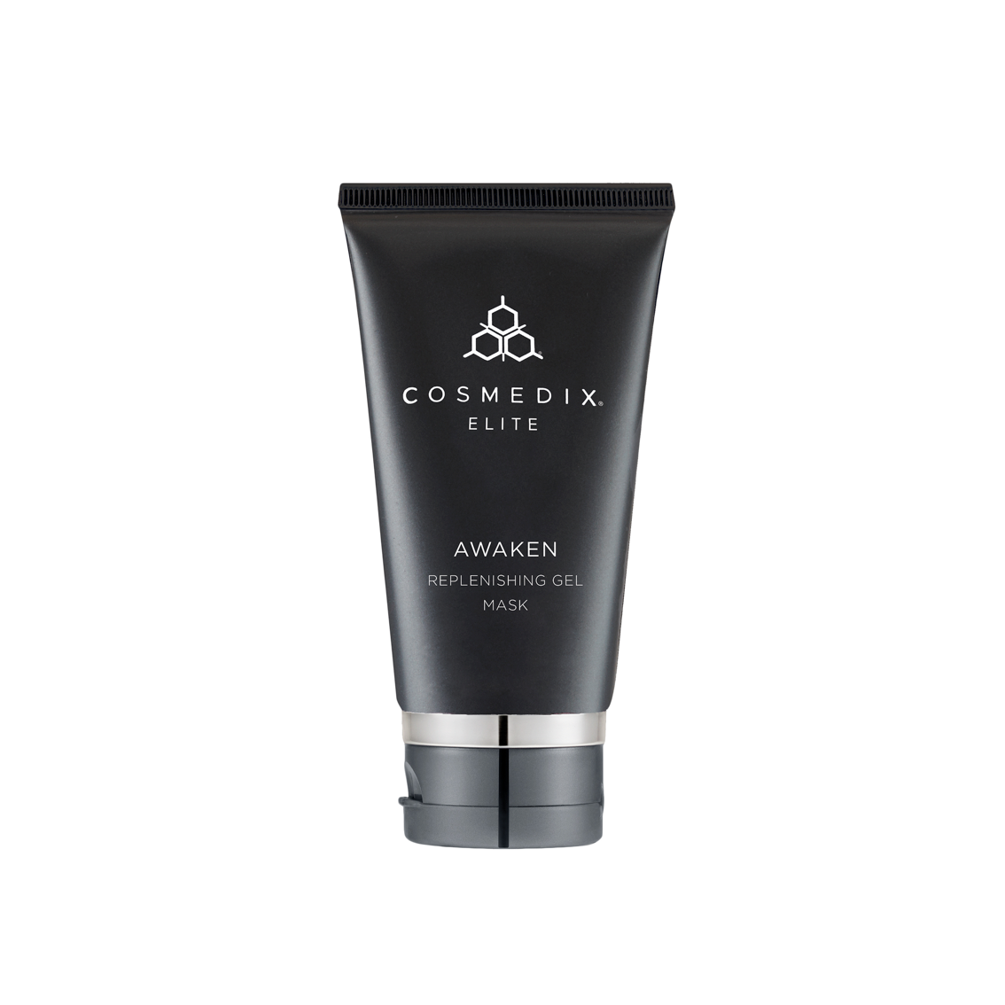 Cosmedix Elite Awaken Replenishing Gel Mask, 74ml sleek black tube with silver details, hydrating and rejuvenating gel mask.