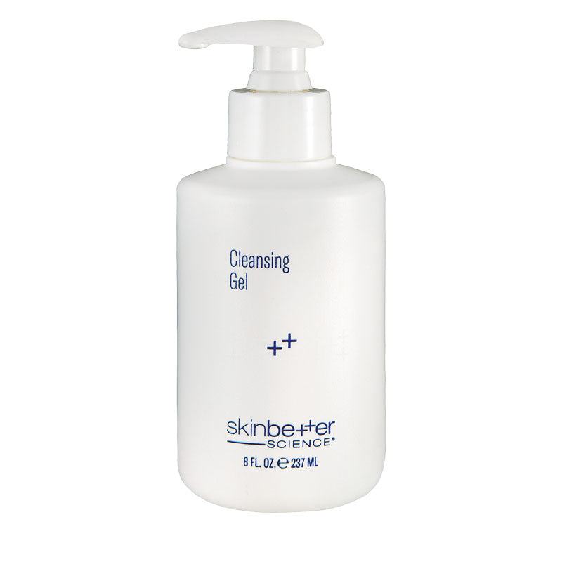 Skinbetter Science Cleansing Gel 237ml: Skinbetter Science Cleansing Gel, 237ml clear pump bottle with a blue-gray label, daily foaming cleanser.