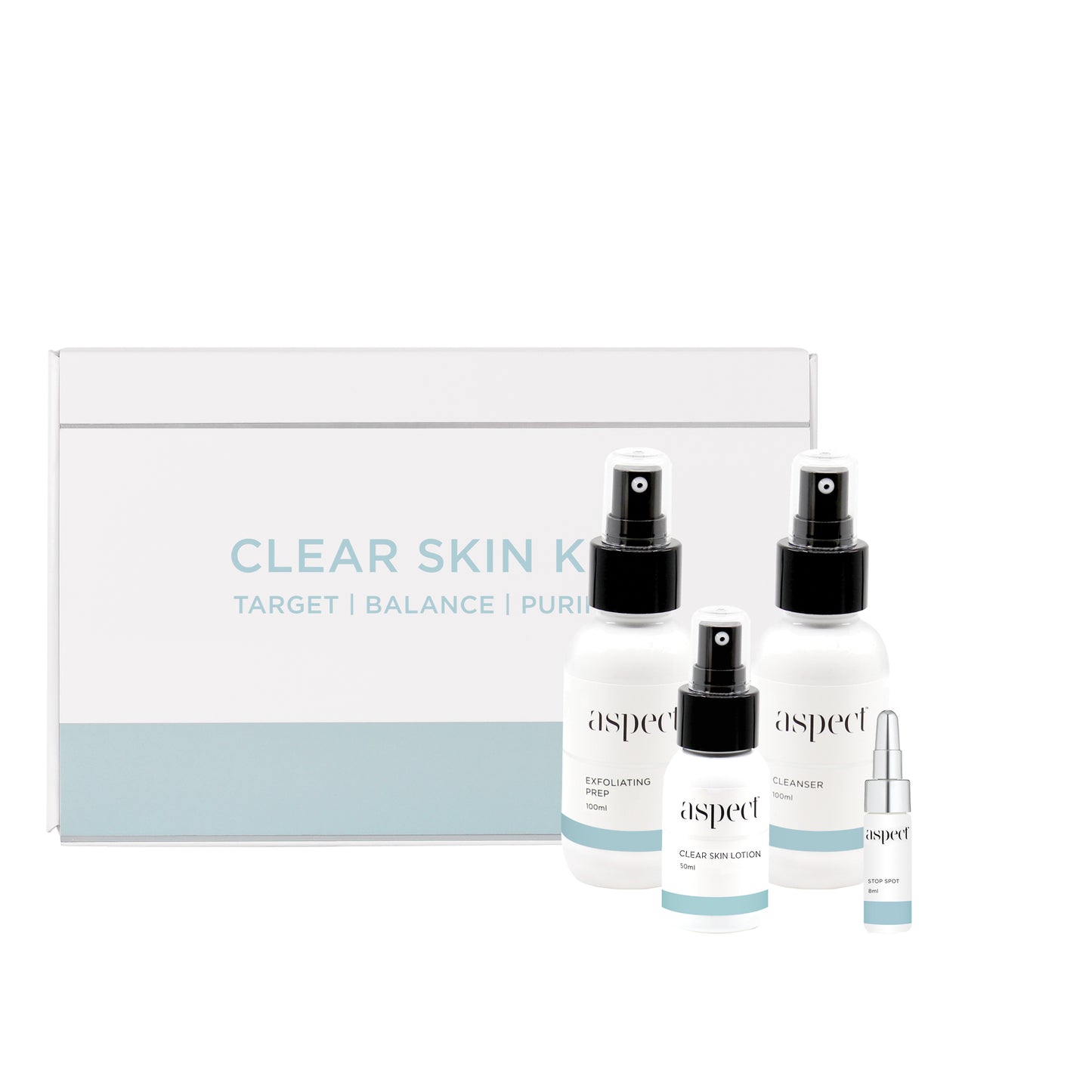 Aspect Clear Skin Kit, presented in a white branded box, includes Clear Skin Exfoliating Prep 100ml, Clear Skin Cleanser 100ml, Clear Skin Lotion 50ml
and Stop Spot 8ml