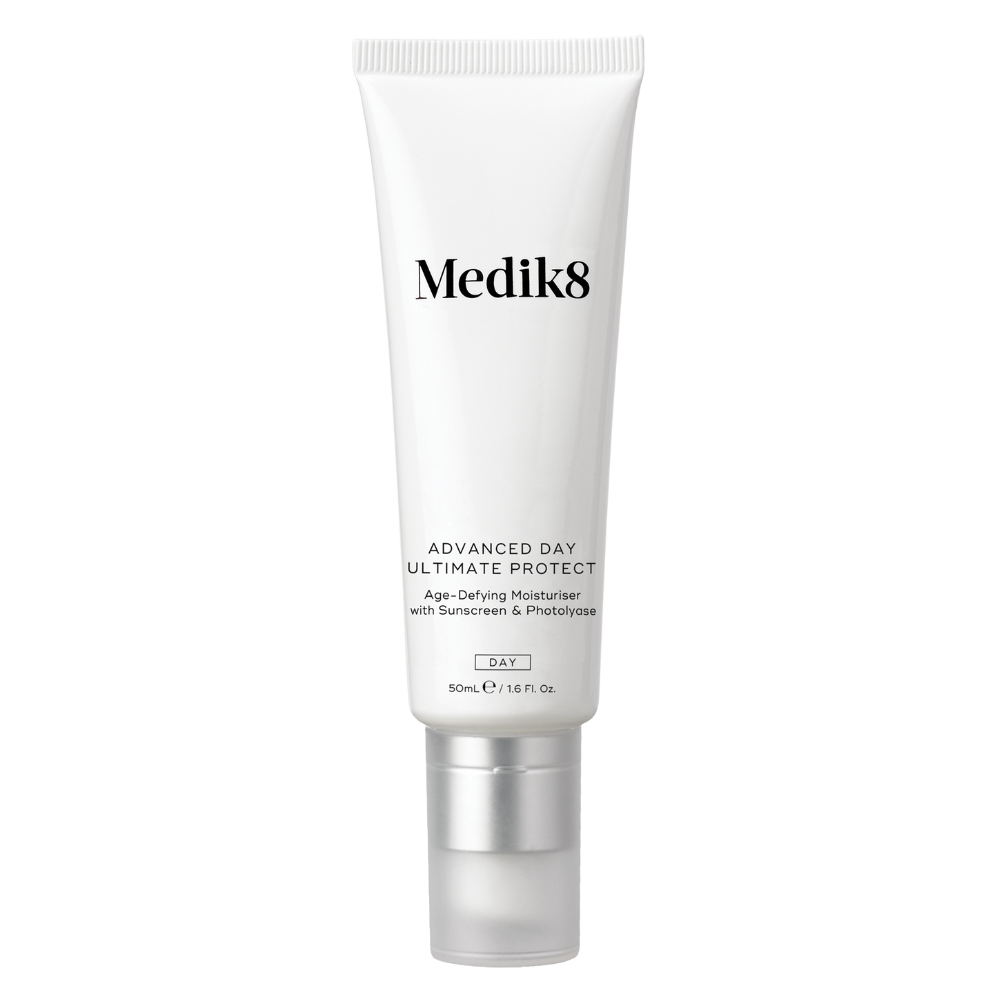 Advanced Day Ultimate Protect 50ml (MEDIK8)- ultimate day cream with SPF 50+ PA++++ for high-level protection. Packaged in a white airless pump bottle for precise dispensing.