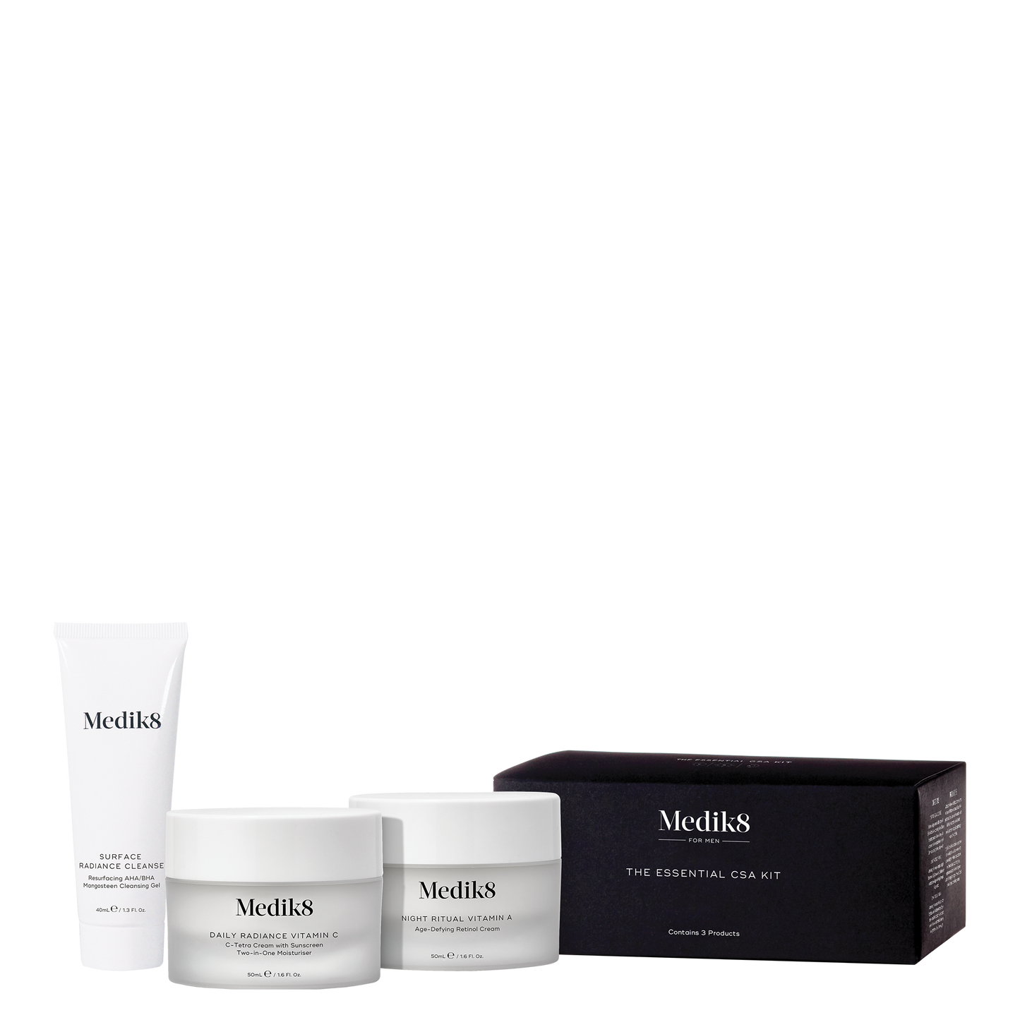 Medik8 Essential CSA Kit for Men in a matte black box, features Surface Radiance Cleanse 40ml, Daily Radiance Vitamin C 50ml, and Night Ritual Vitamin A 50ml.