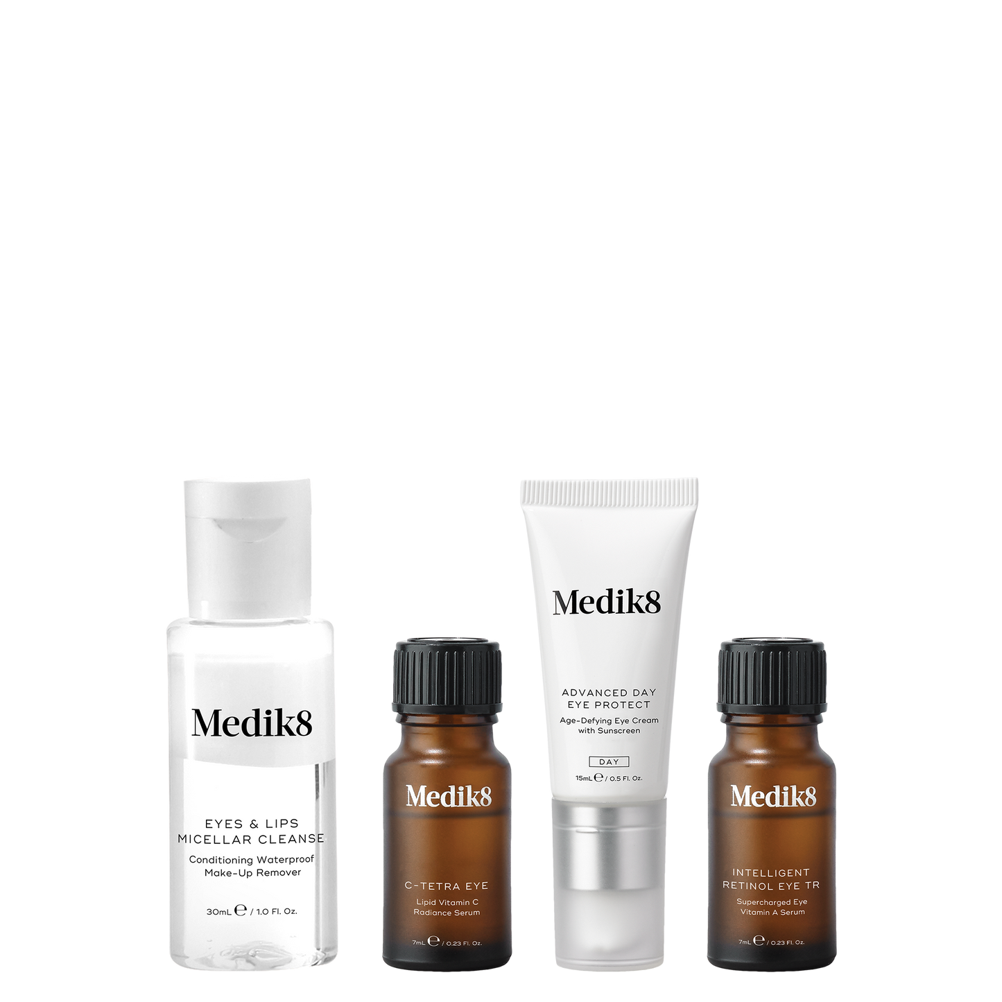 Medik8 CSA Eye Edition Kit includes Eyes and Lips Micellar Cleanse (30ml), C-Tetra Eye (7ml), Advanced Day Eye Protect (15ml), and Intelligent Retinol Eye TR (7ml).