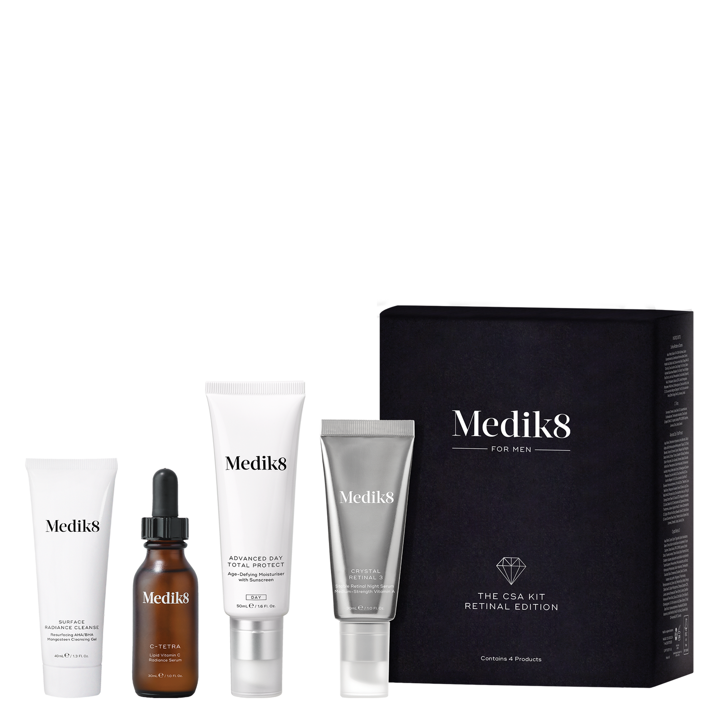Medik8 CSA Kit Retinal Edition for Men, in matte black box packaging, includes Surface Radiance Cleanse (40ml), C-Tetra (30ml),  Advanced Day Total Protect (50ml) and Crystal Retinal 3 (30ml).