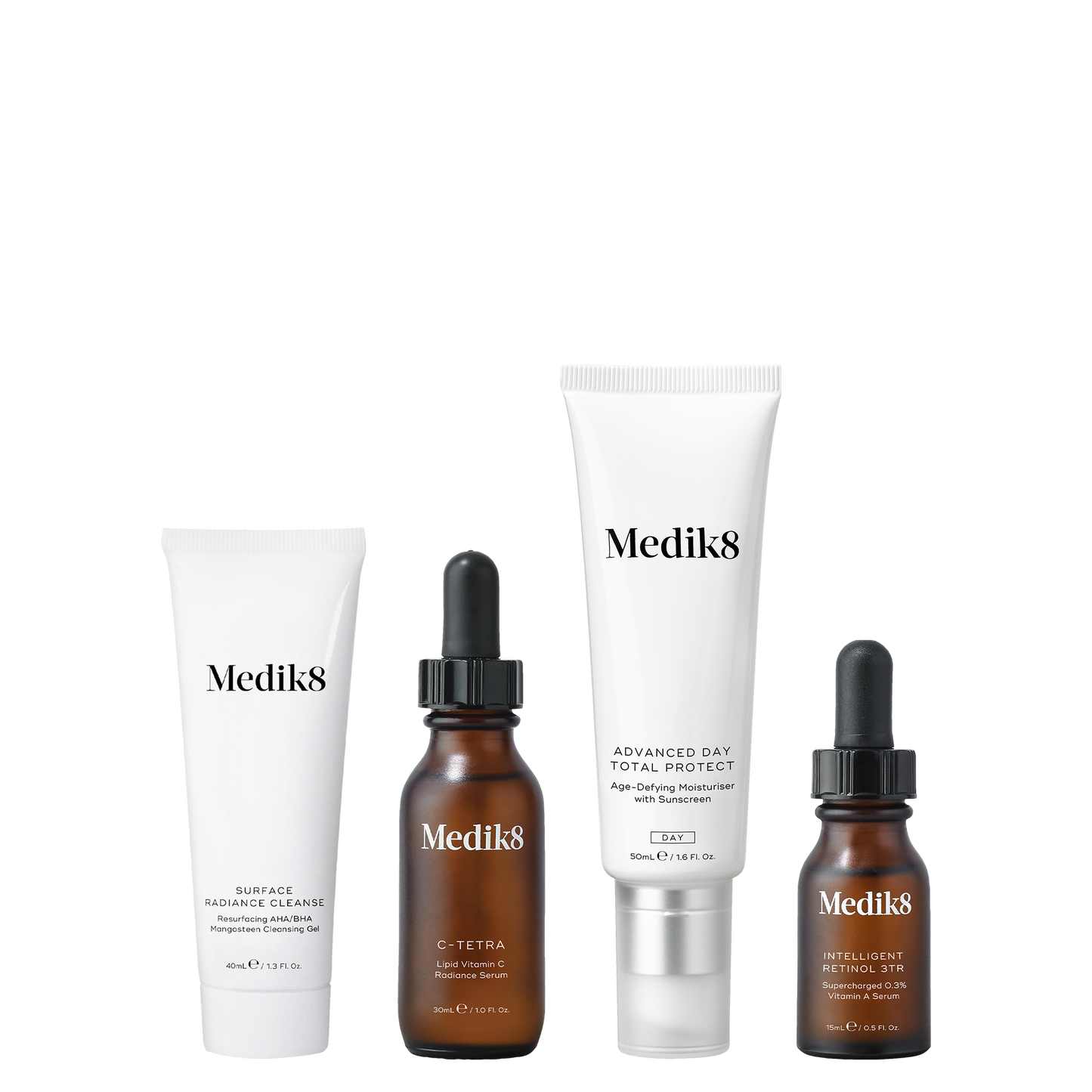 Medik8 CSA Kit Retinol Edition includes Surface Radiance Cleanse (40ml), C-Tetra (30ml),Advanced Day Total Protect (50ml) and Intelligent Retinol 3TR (15ml).