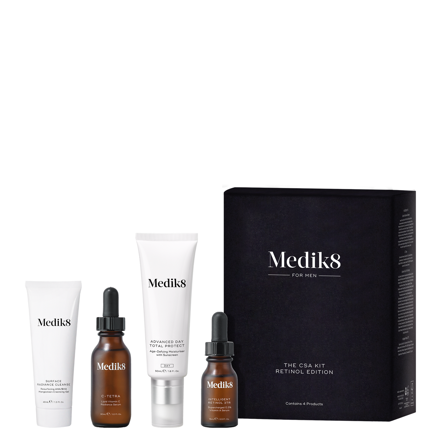 Medik8 CSA Kit Retinol Edition for Men, packaged in a matte black outer box, includes Surface Radiance Cleanse (40ml), C-Tetra (30ml),Advanced Day Total Protect (50ml) and Intelligent Retinol 3TR (15ml).