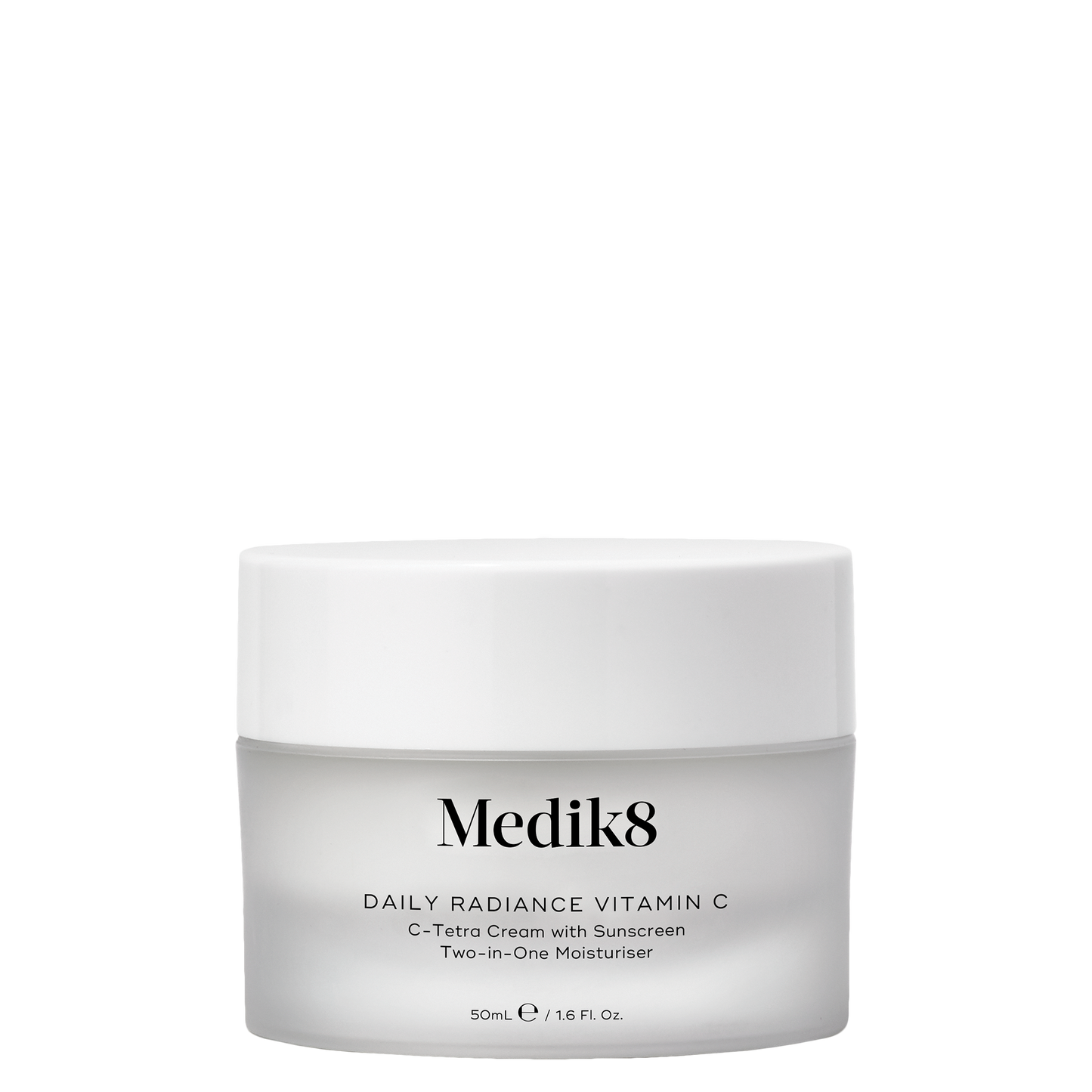 Medik8 Daily Radiance Vitamin C, 50ml frosted glass jar with a twist-off lid, C-tetra cream with sunscreen and two-in-one moisturizer.