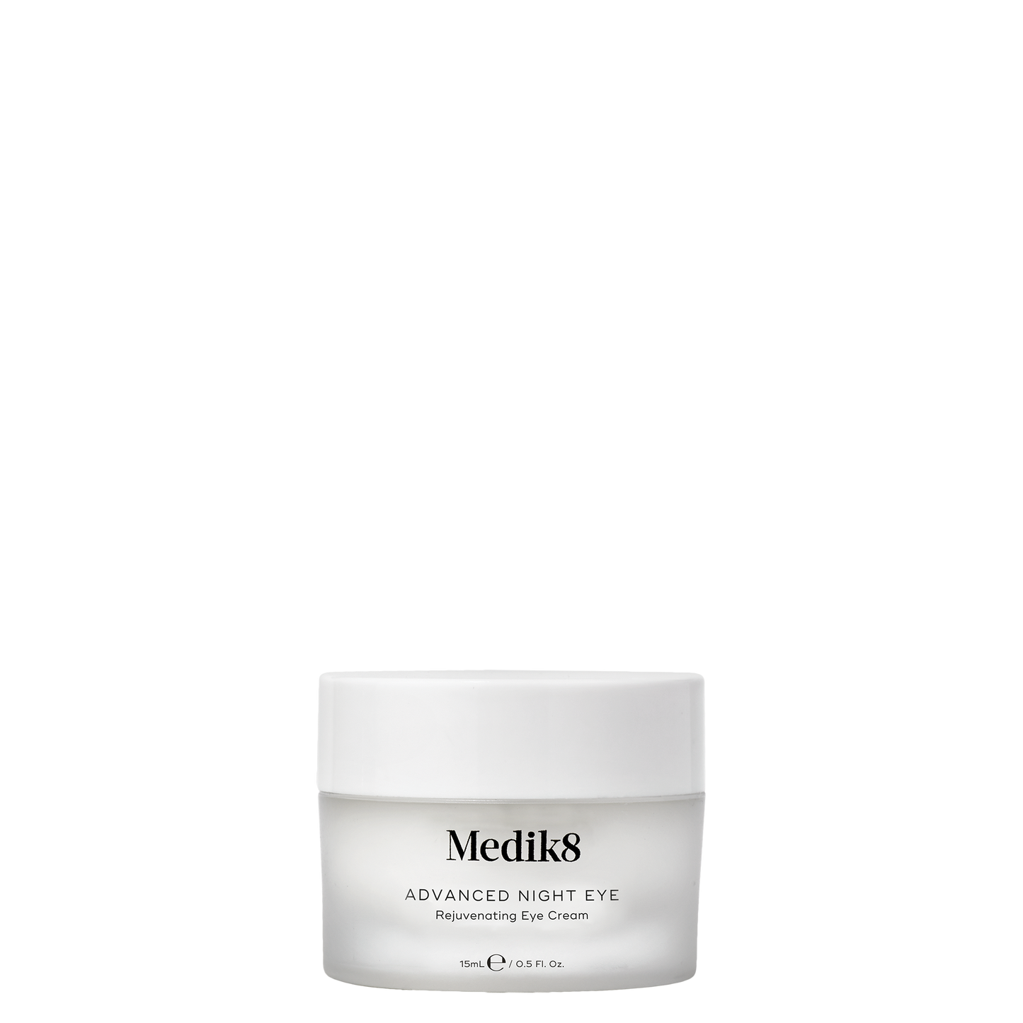 Medik8 Advanced Night Eye, 15ml glass jar with a white twist-off lid, designed for nighttime under-eye care.