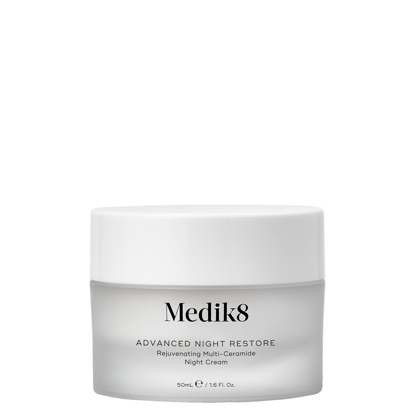 Medik8 Advanced Night Restore, 50mlrejuvenation multi-ceramide night cream  in a glass jar with a secure white lid.