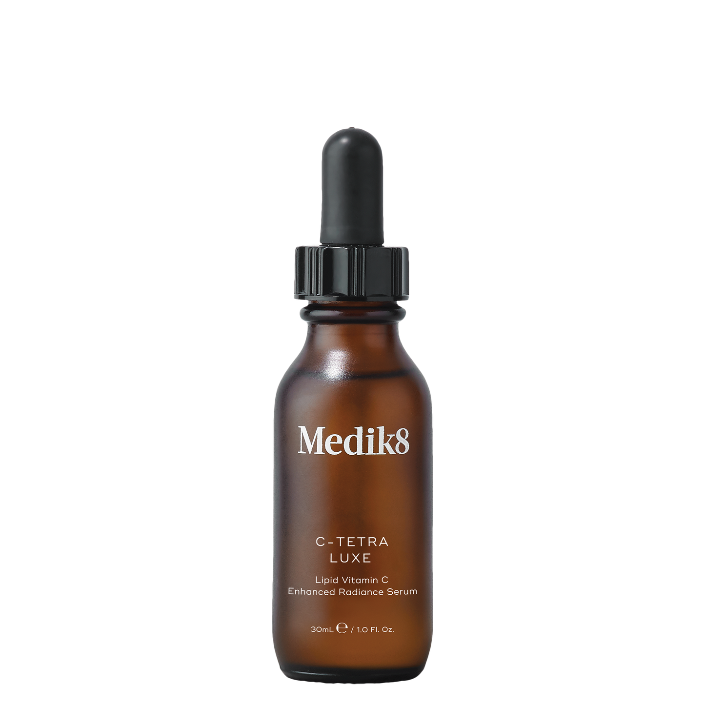 Medik8 C-Tetra Luxe 30ml: Amber dropper bottle with black cap; lipid vitamin c enhanced radiance serum