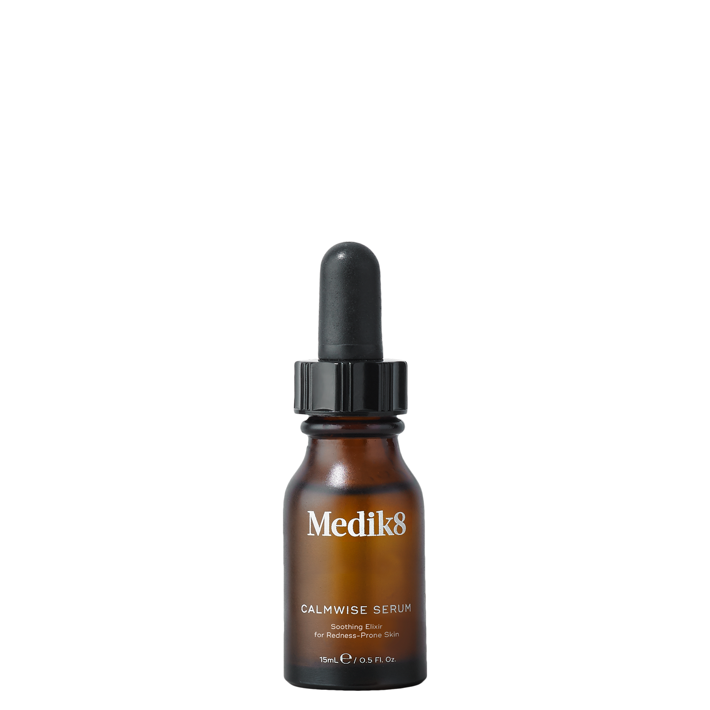 Medik8 Calmwise Serum 15ml: Amber dropper bottle with black cap and white label, soothing serum.