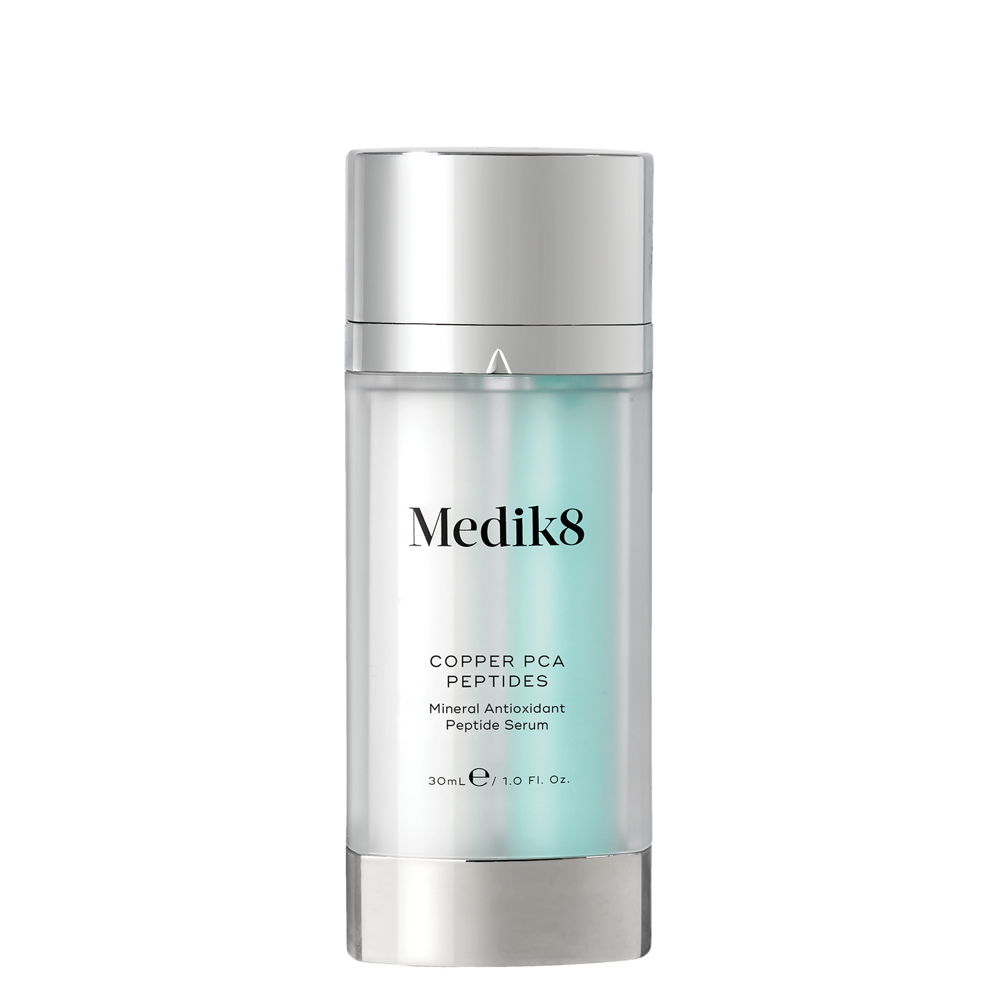 Medik8 Copper PCA Peptides, 30ml dual-chamber pump bottle with blue-tinted liquid. Mineral Antioxidant Peptide Serum.