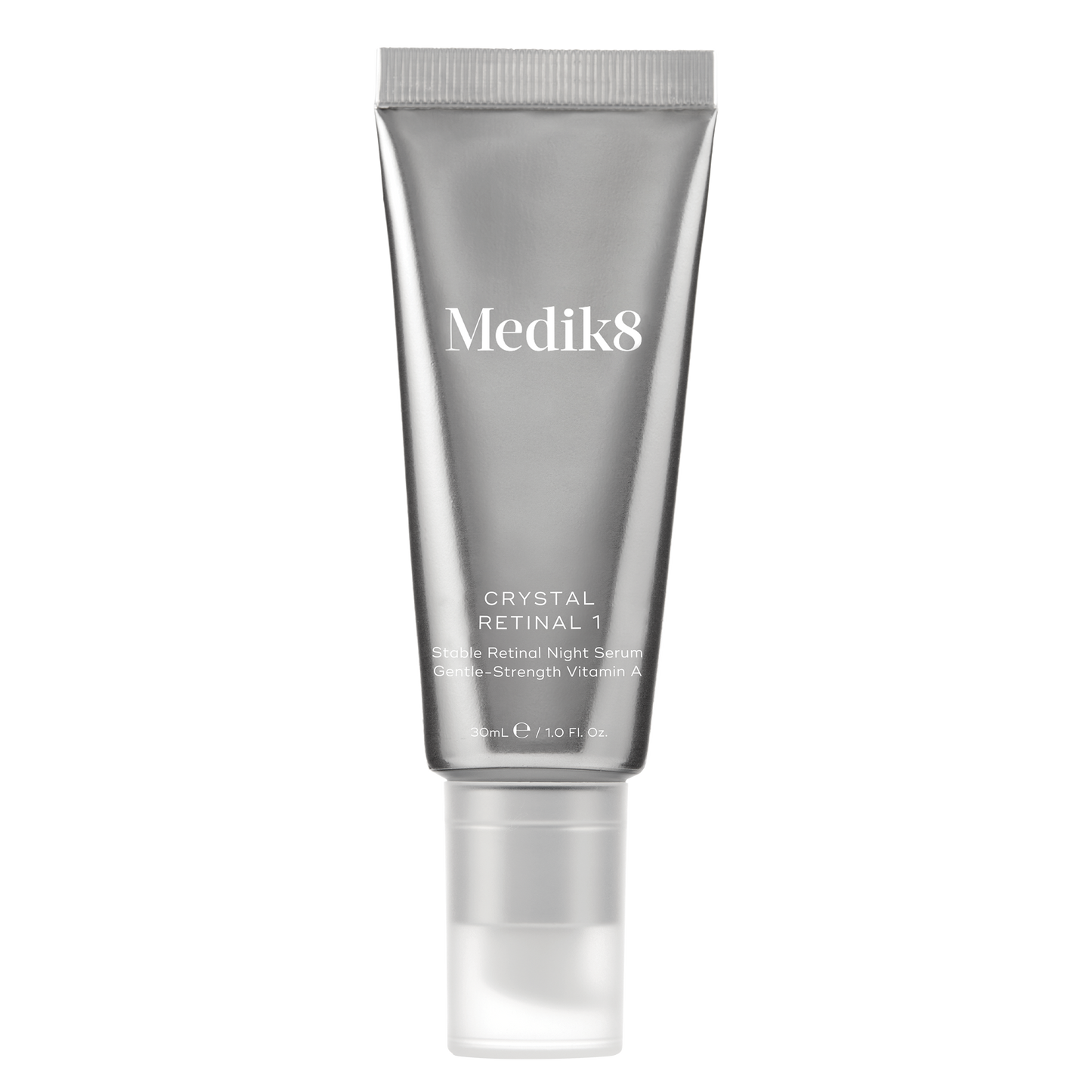 Medik8 Crystal Retinal 1, housed in a 30ml metallic silver airless pump bottle, retinal serum for smoother, youthful skin.