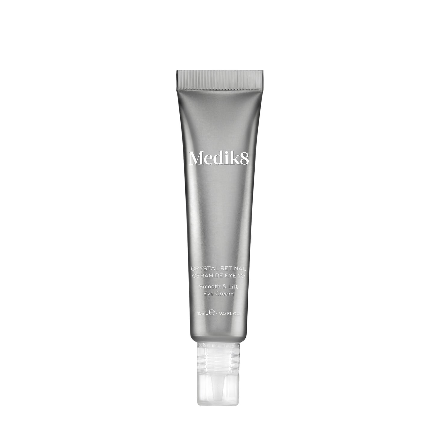 Medik8 Crystal Retinal Ceramide Eye 10, eye cream in 15ml slim airless pump tube in metallic silver color.