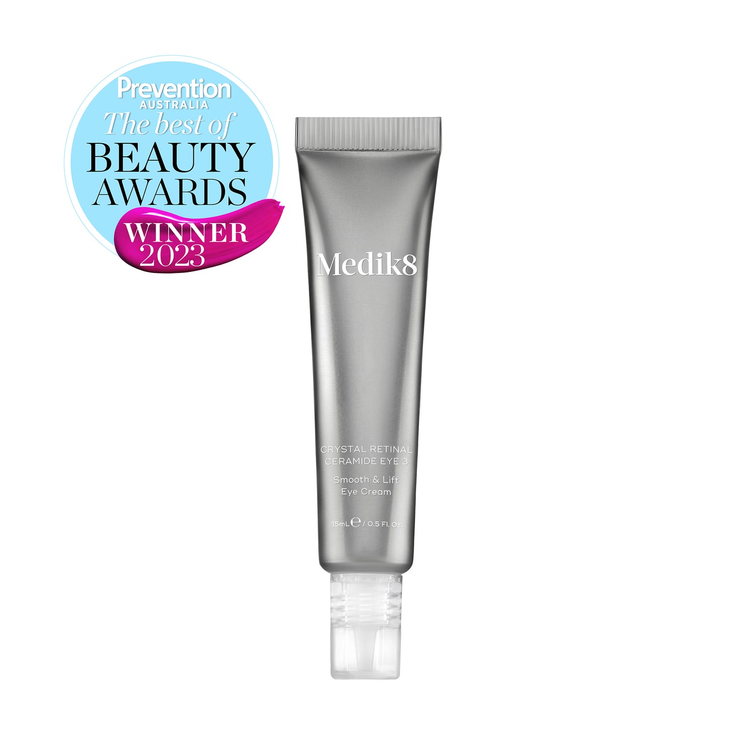 Medik8 Crystal Retinal Ceramide Eye 3 in 15ml compact airless pump tube with soft metallic silver color.