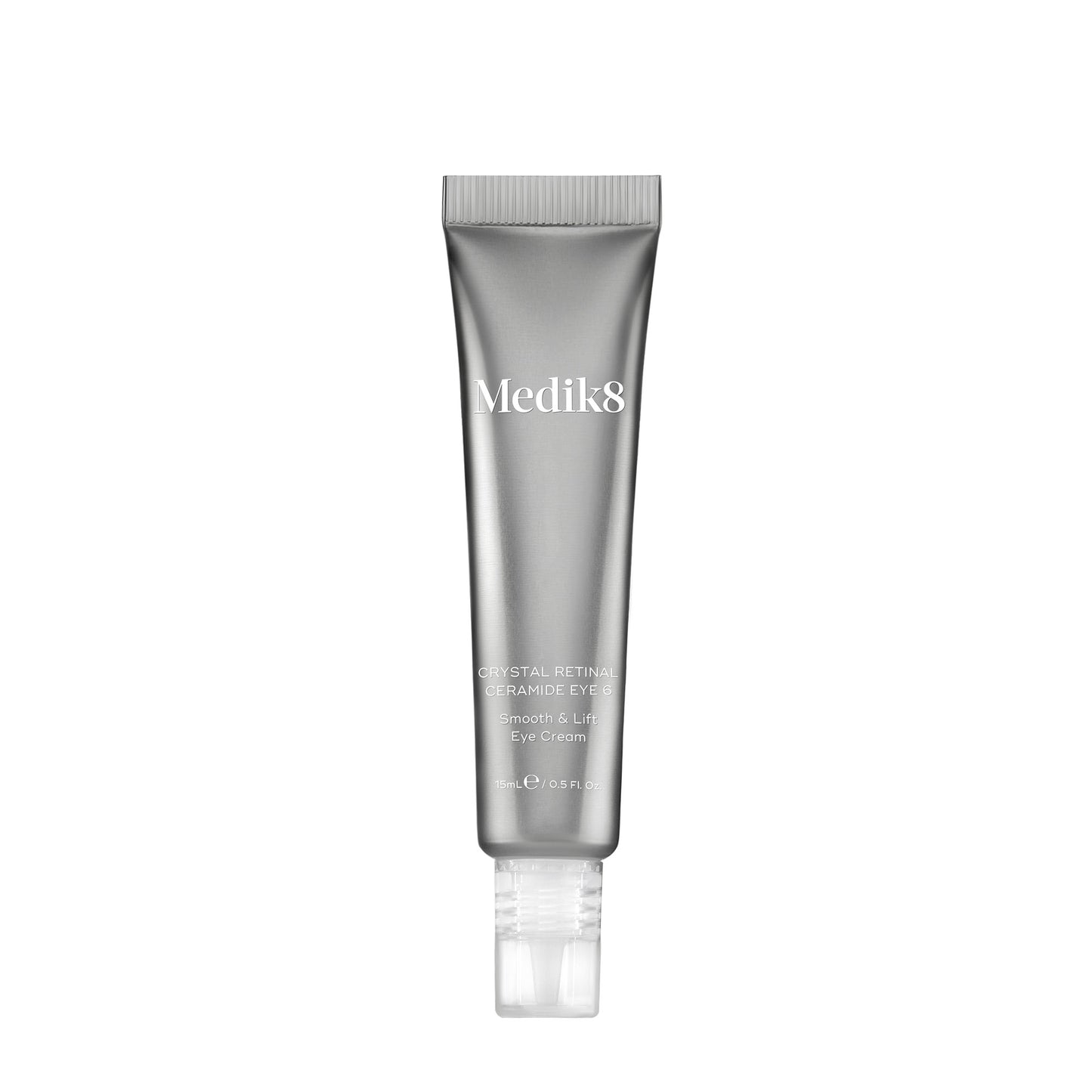 Medik8 Crystal Retinal Ceramide Eye 6 is a ceramide-infused eye cream housed in a 15ml silver-colored, airless pump tube.