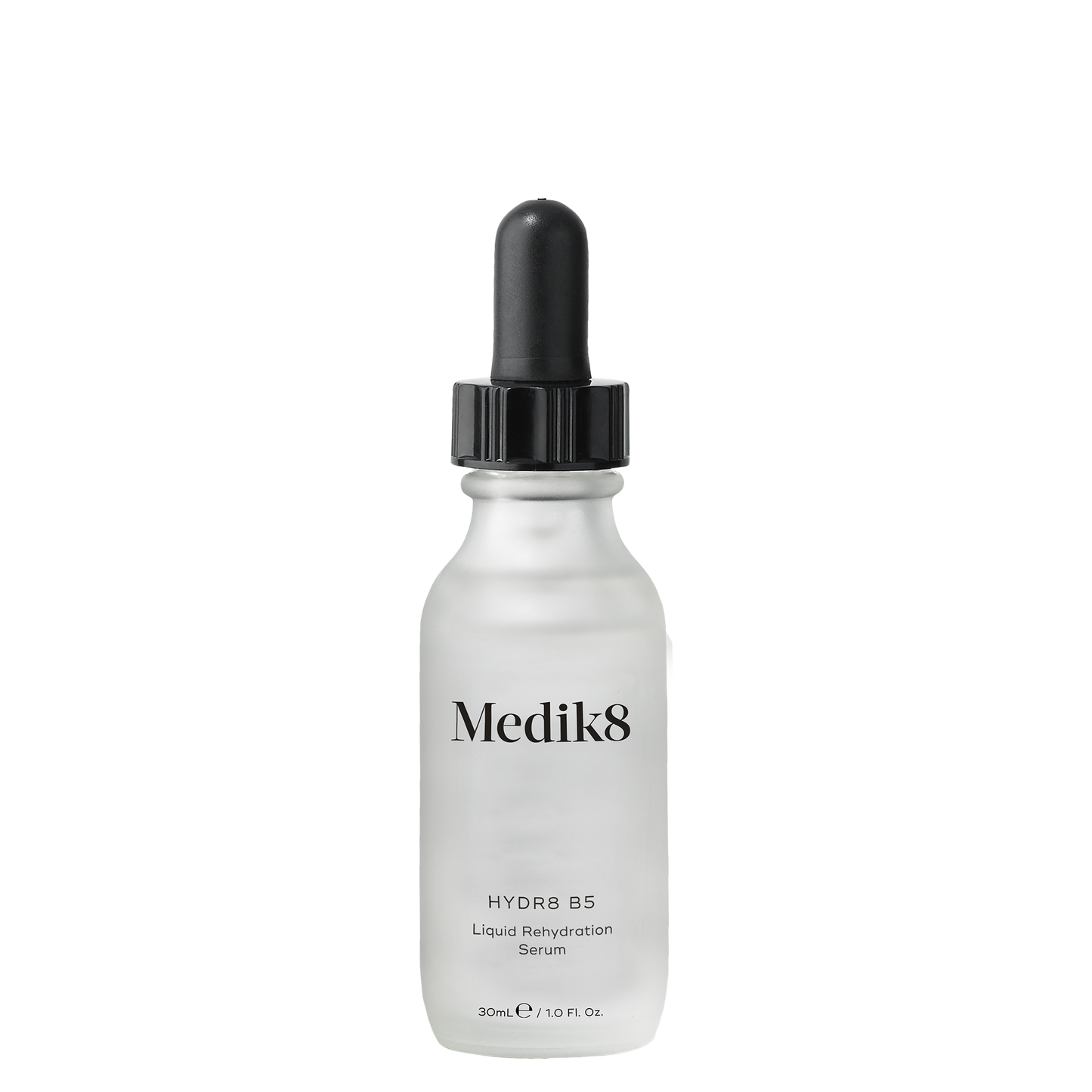 Medik8 Hydr8 B5, 30ml clear dropper bottle with black dropper cap, lightweight hydration serum.