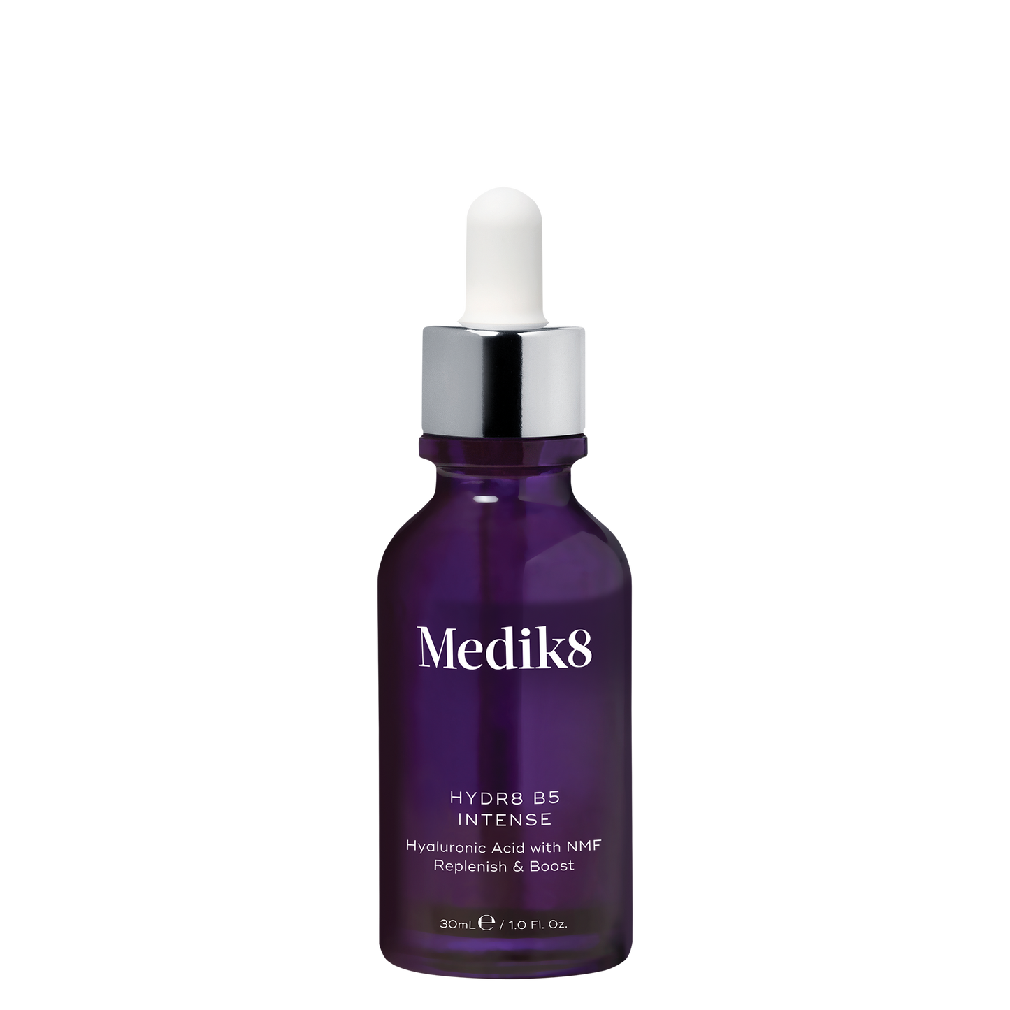 Medik8 Hydr8 B5 Intense, 30ml violet tinted dropper bottle; Hyaluronic Acid with NMF