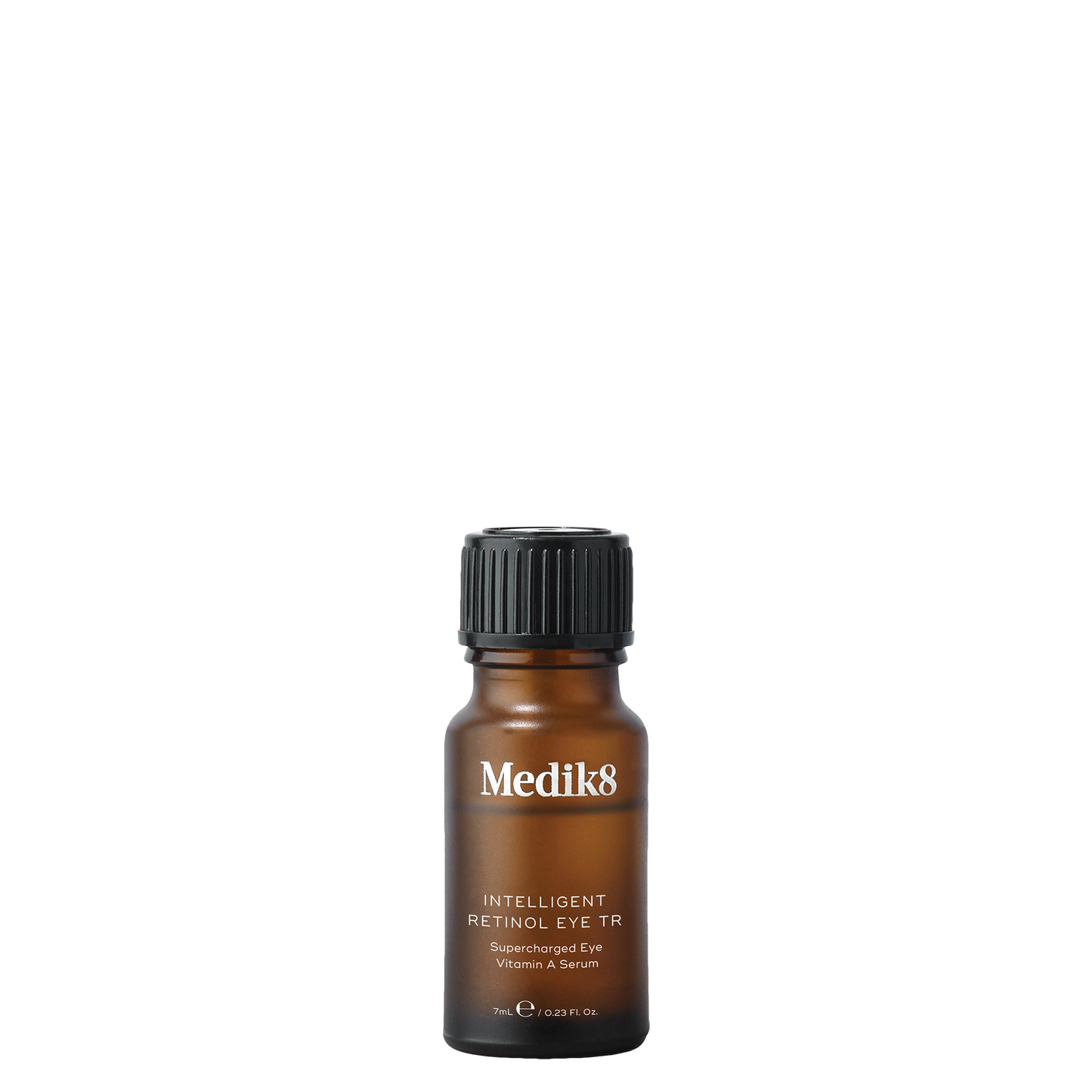 Medik8 Intelligent Retinol Eye TR, 7ml comes in an amber-colored glass bottle, with a spatula-type applicator integrated into the black cap; Supercharged Eye Vitamin A Serum