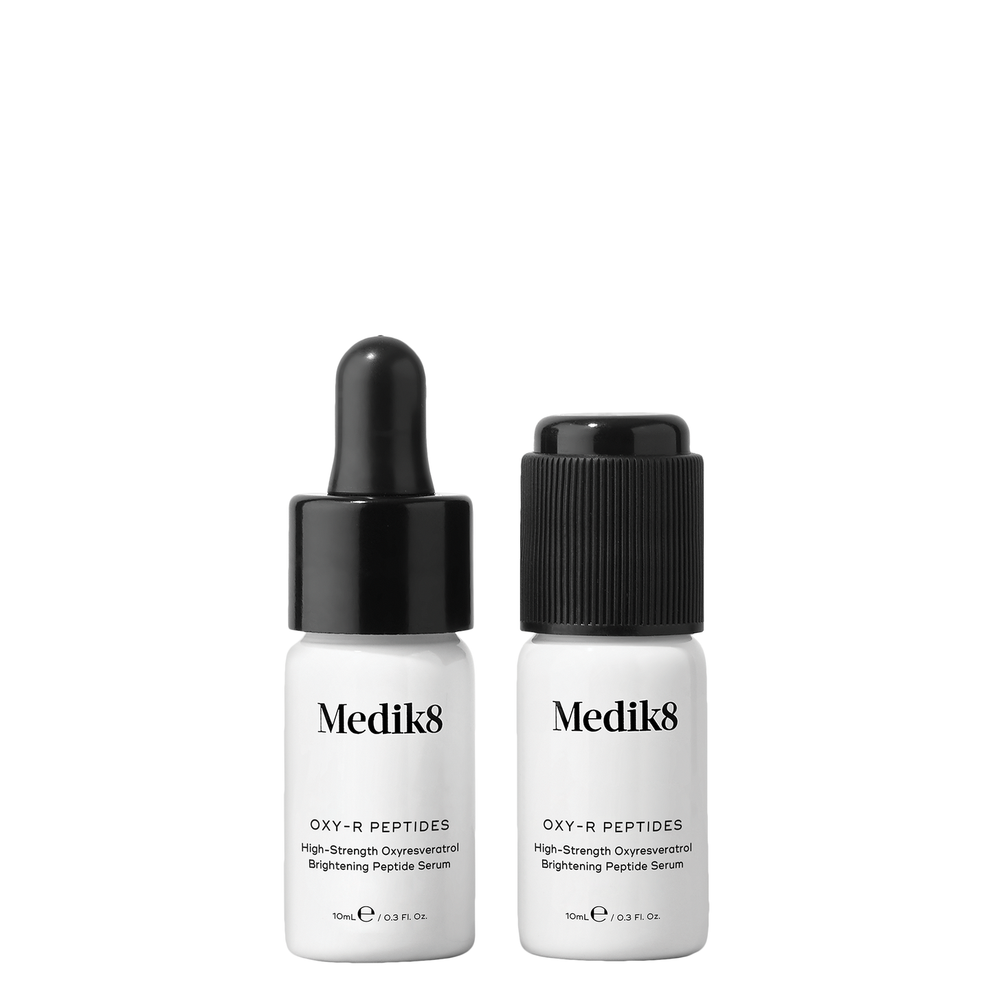 Medik8 Oxy-R Peptides, two 10ml frosted glass bottles with black  dropper caps; high-strength Oxyresveratrol brightening peptide serum.