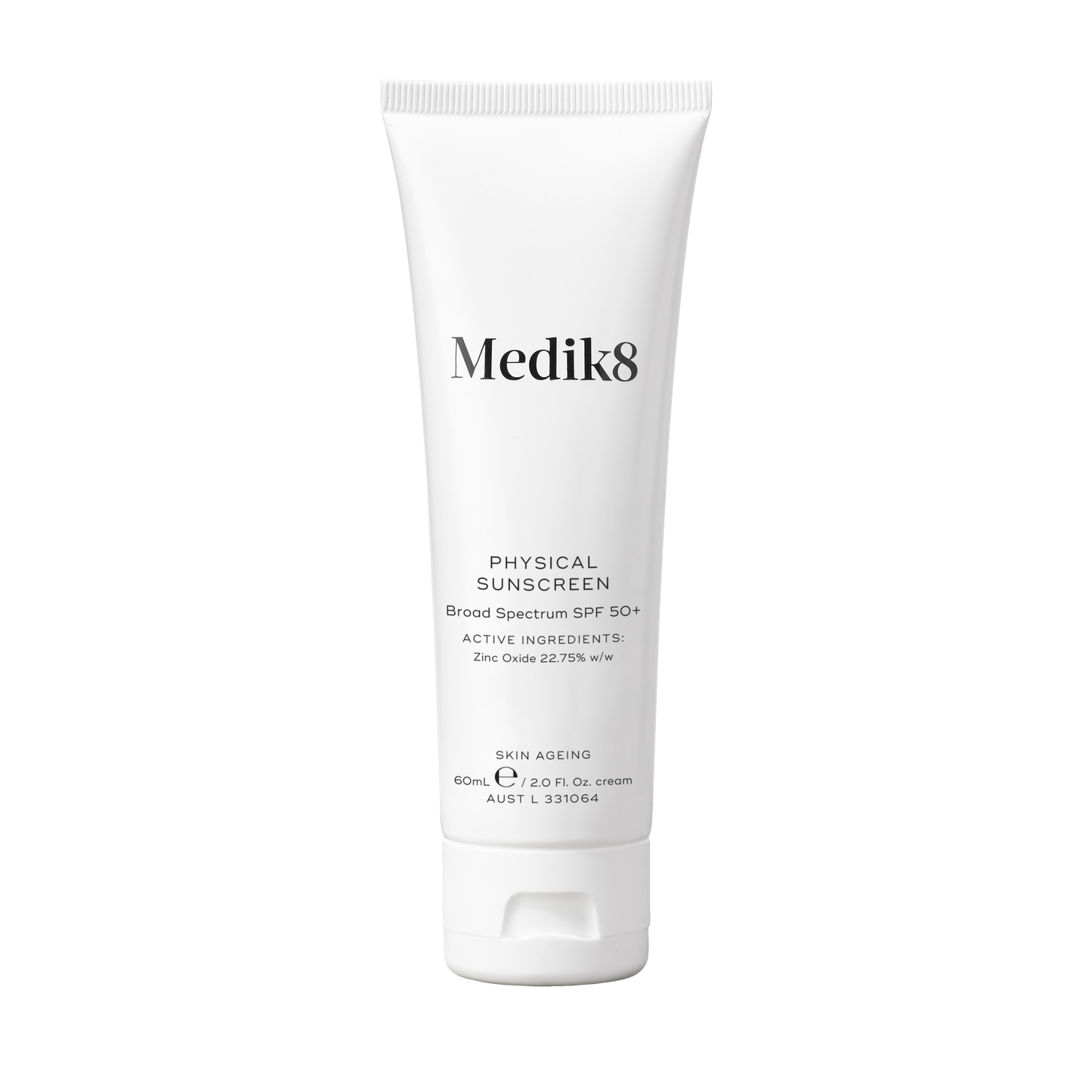 Medik8 Physical Sunscreen SPF50+, 60ml white squeeze tube; Broad Spectrum SPF 50+