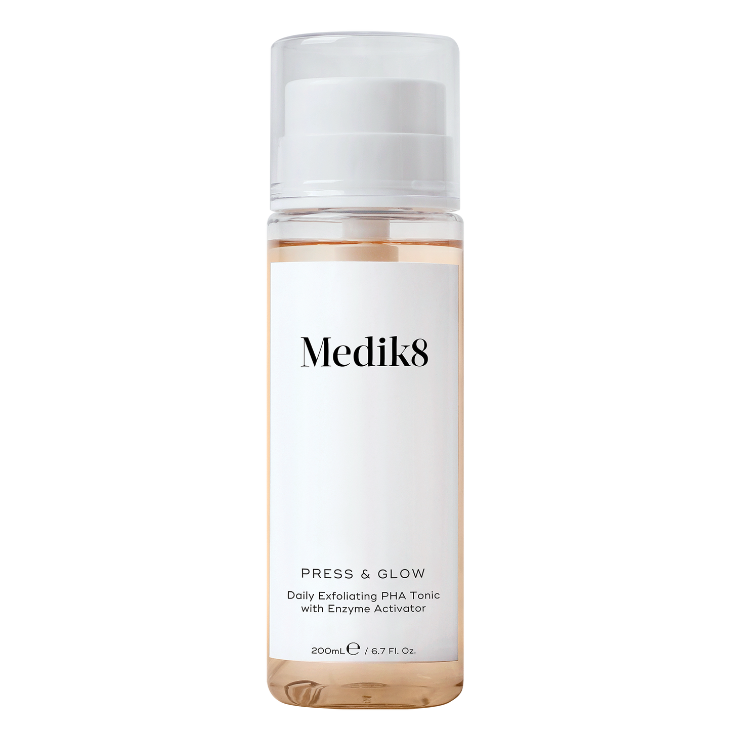 Medik8 Press & Glow in 200ml clear cylindrical bottle with white pump, daily exfoliating PHA tonic with enzyme activator.
