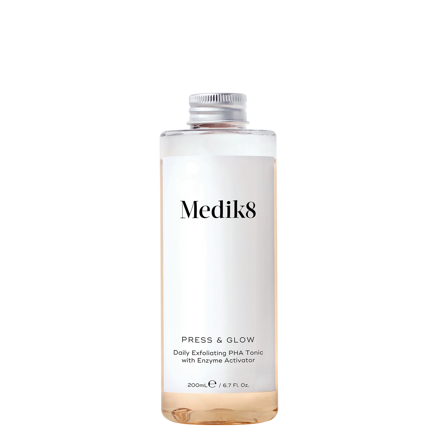 Medik8 Press & Glow Refill in 200ml clear cylindrical bottle with twist-off cap, daily exfoliating PHA tonic with enzyme activator.
