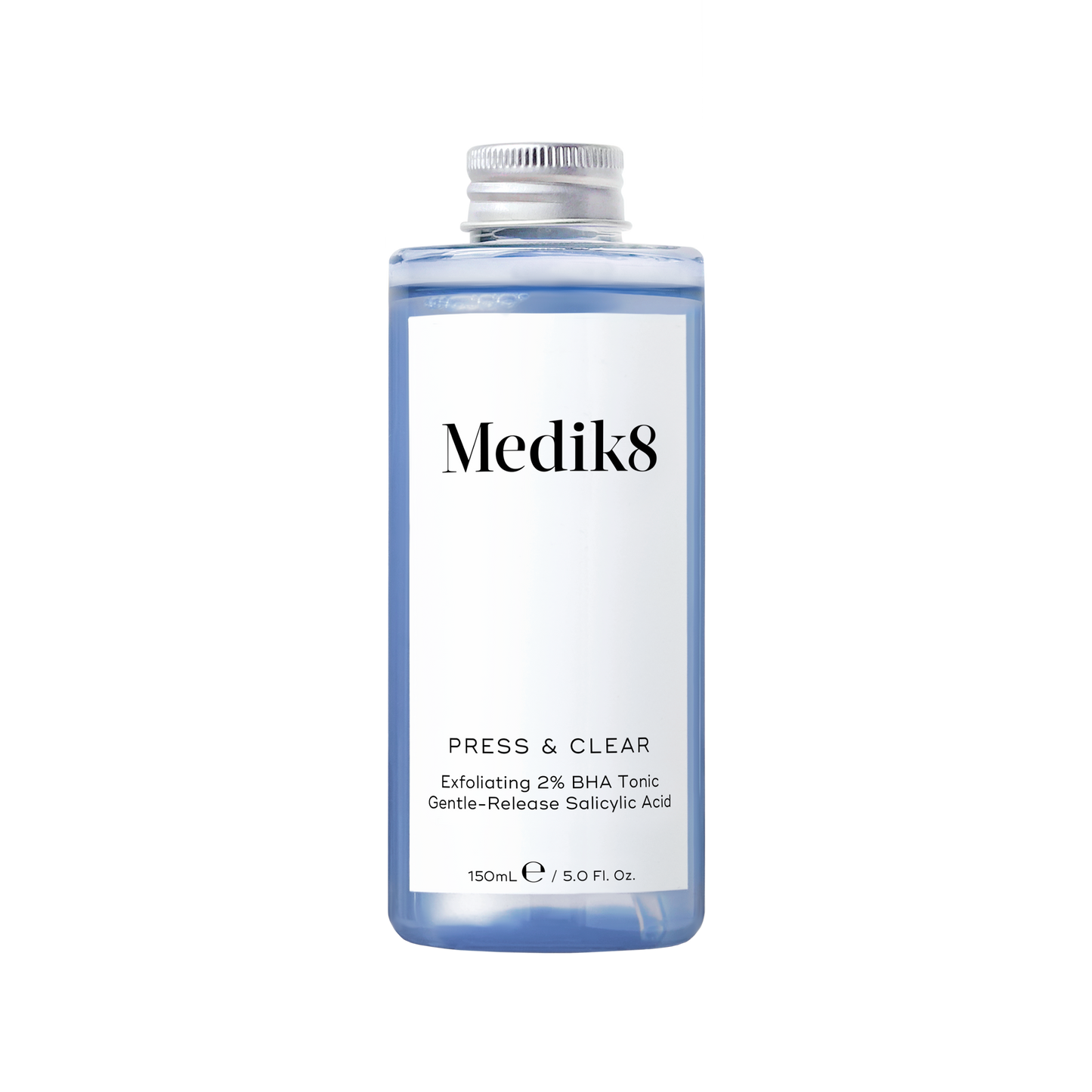 Medik8 Press and Clear Refill 150ml: Blue refill bottle with silver cap; Exfoliating 2% BHA Tonic Gentle-Release Salicylic Acid
