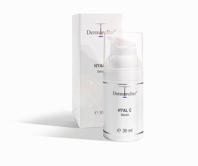 Dermaroller Hyal C, in white 30ml pump bottle with white outer box, hyaluronic acid and Vitamin C blend.