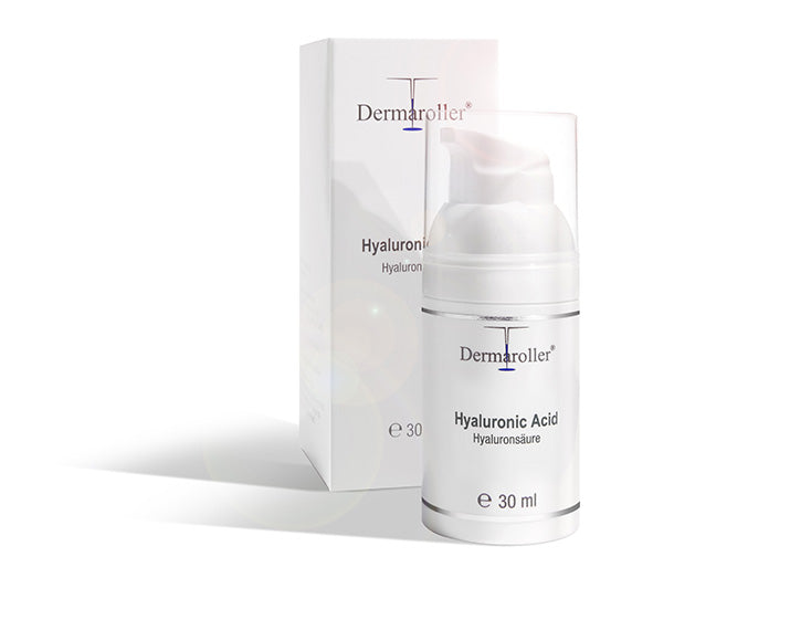 Dermaroller Hyaluronic Acid in white 30ml pump bottle and clear cap, with white outer box;  Hydration booster.