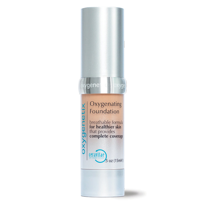 Oxygenetix Oxygenating Foundation, 15ml beige bottle with a pump cap, breathable foundation for healthier skin that provides complete coverage.