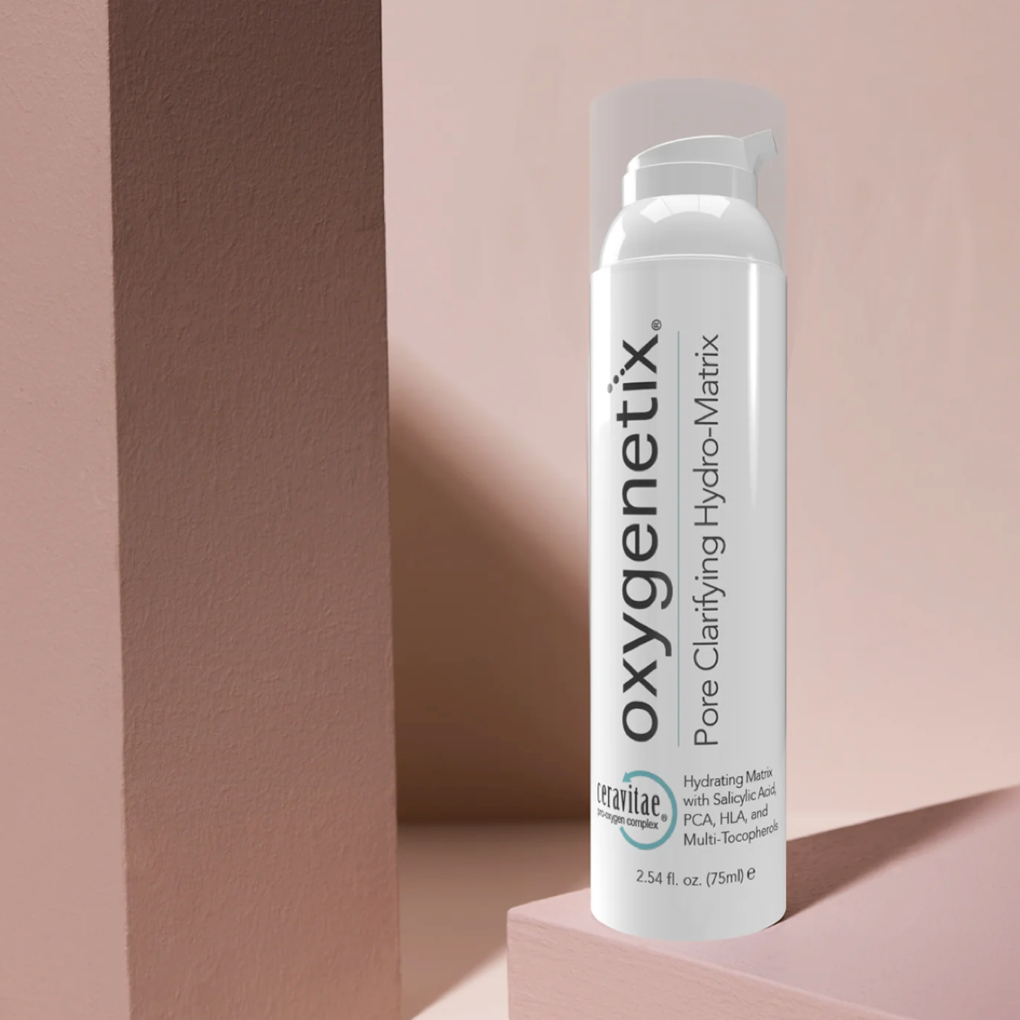 New Oxygenetix pore clarifying hydro-matrix moistuiser 75ml white bottle on a pink background