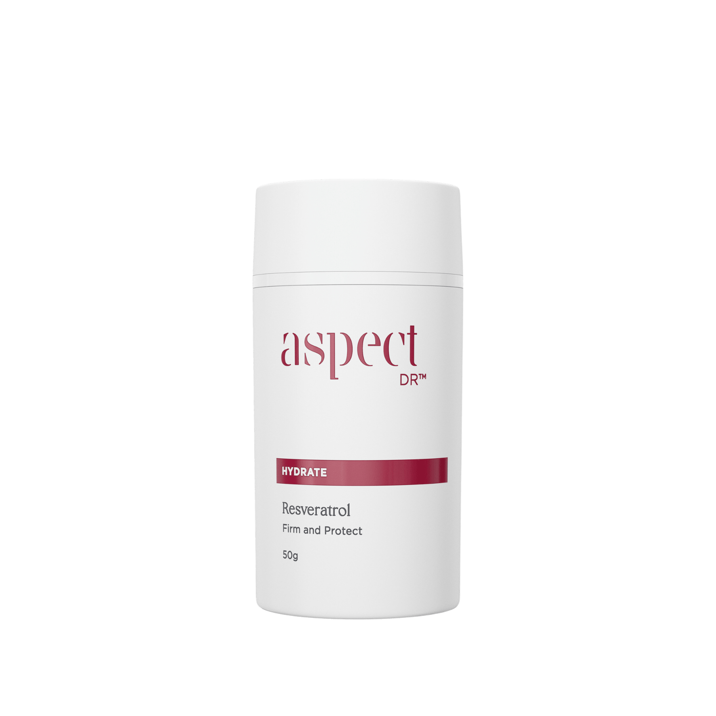 Aspect Dr Resveratrol in 50g white cylindrical bottle with maroon accent and branding.