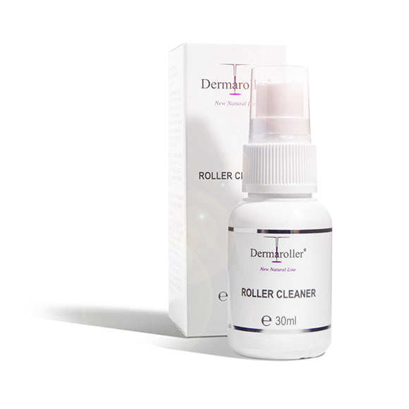 Dermaroller Roller Cleaner 30ml: compact, cylindrical white plastic spray bottle with a transparent cap and white outer box