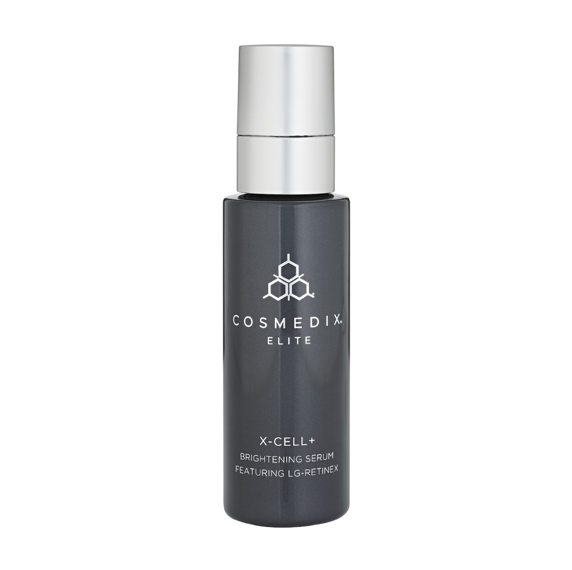 Cosmedix Elite X-Cell+ 30ml: Slim silver pump bottle holding brightening serum featuring LG-Retinex