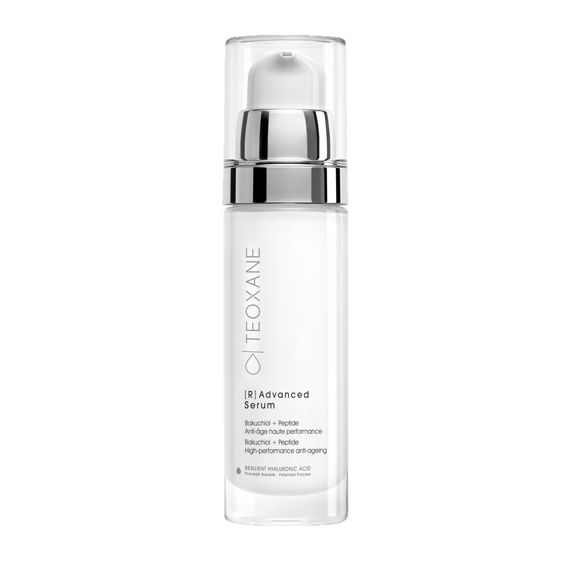 Teoxane R Advanced Serum in white bottle with silver detail