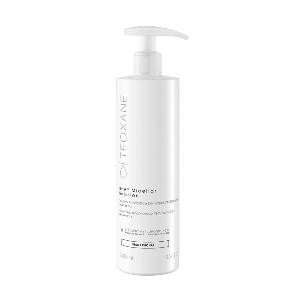 Teoxane RHA Micellar Solution 400ml: white airless pump bottle with cleansing micellar water.