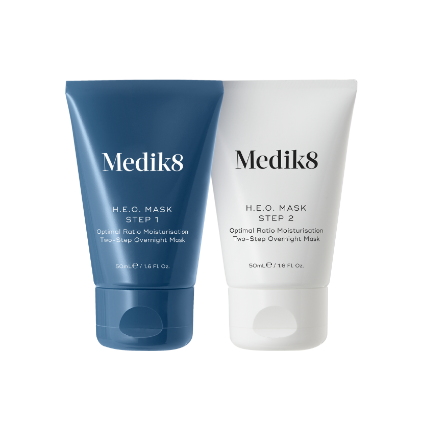 Medik8 H.E.O. Mask is presented as a two-step overnight treatment, with each step housed in its own 50ml tube. Step 1 comes in a sleek blue tube, while Step 2 is contained in a clean white tube.